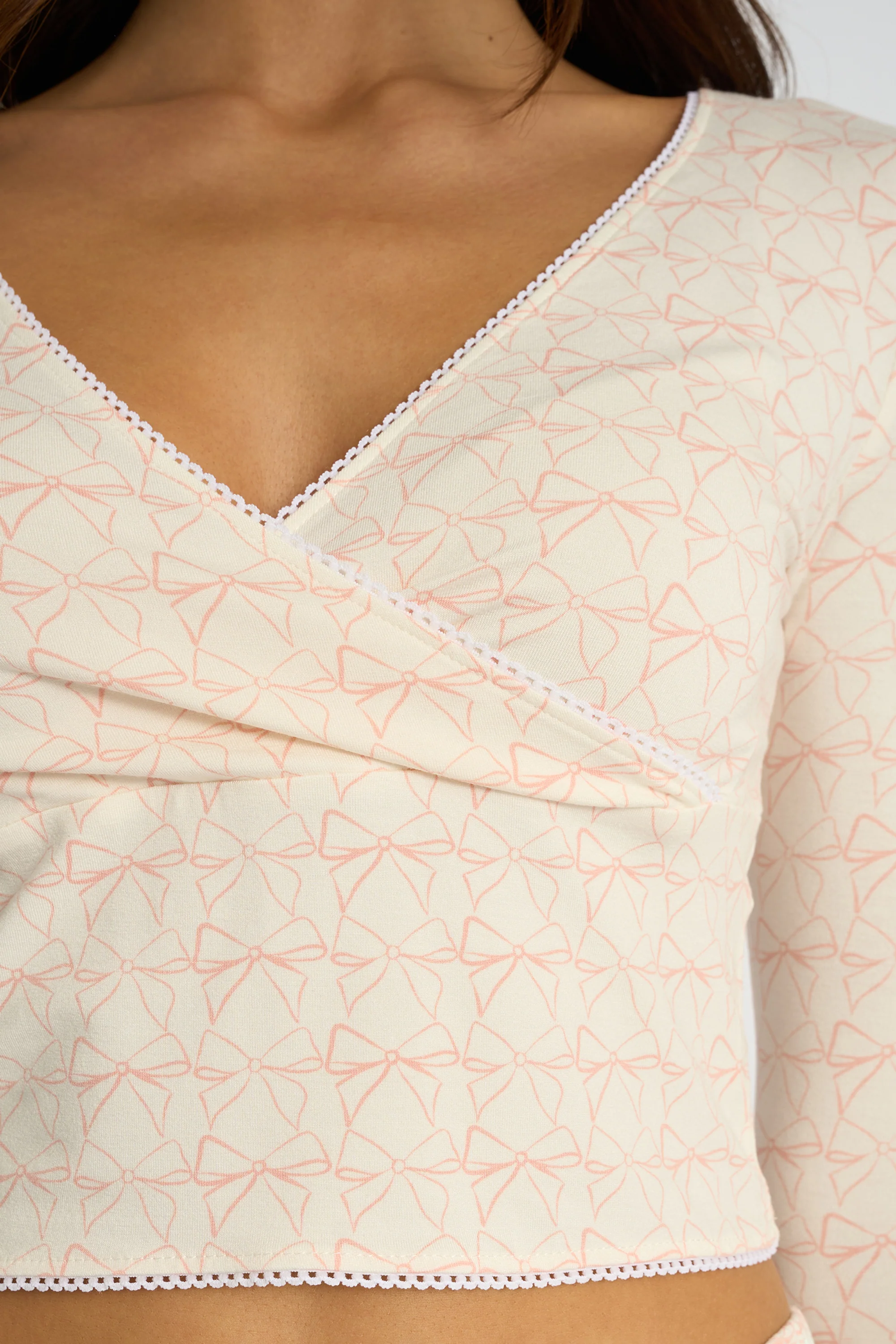 Kaiia Bow Print Lace Wrap Top & Trouser Pj Set Cream & Pink - Image 8