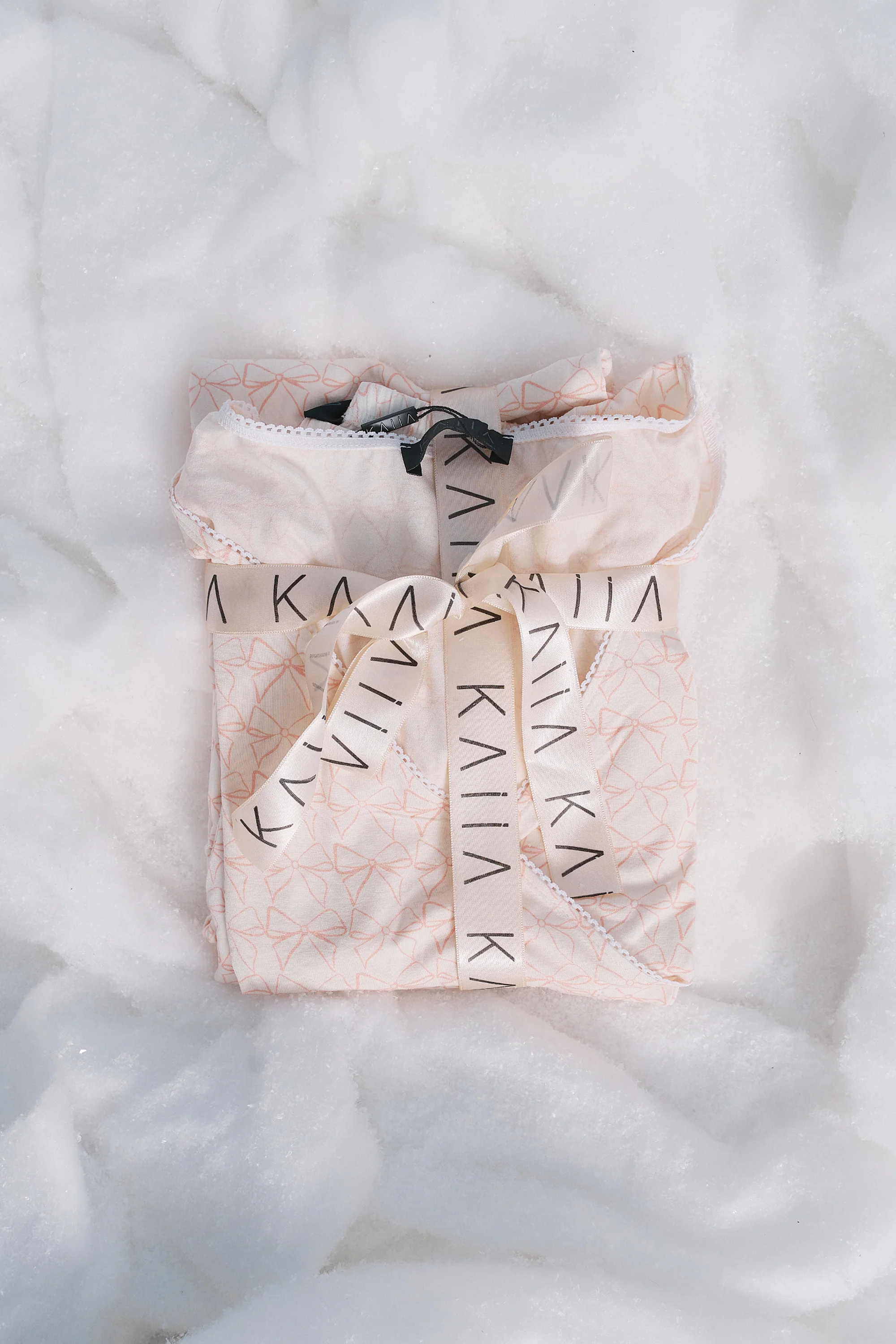 Kaiia Bow Print Lace Wrap Top & Trouser Pj Set Cream & Pink - Image 9