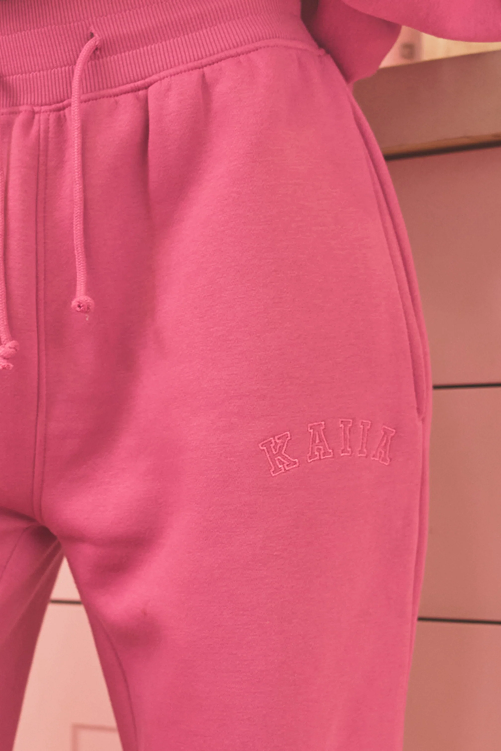 Kaiia Bow Ribbed Waistband Wide Leg Joggers Bubblegum - Image 4