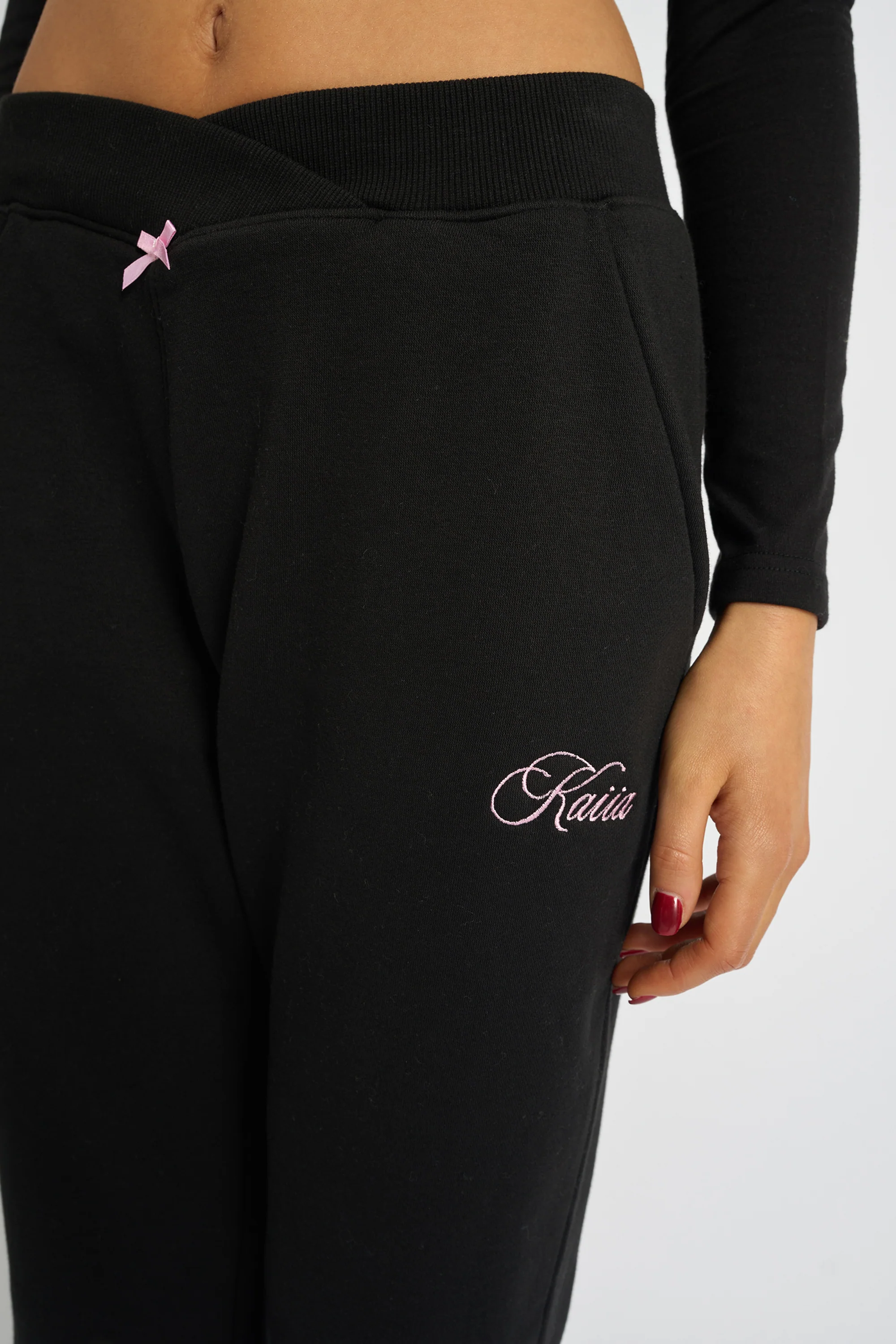 Kaiia Bow Detail Wide Leg Joggers Black & Pink - Image 4