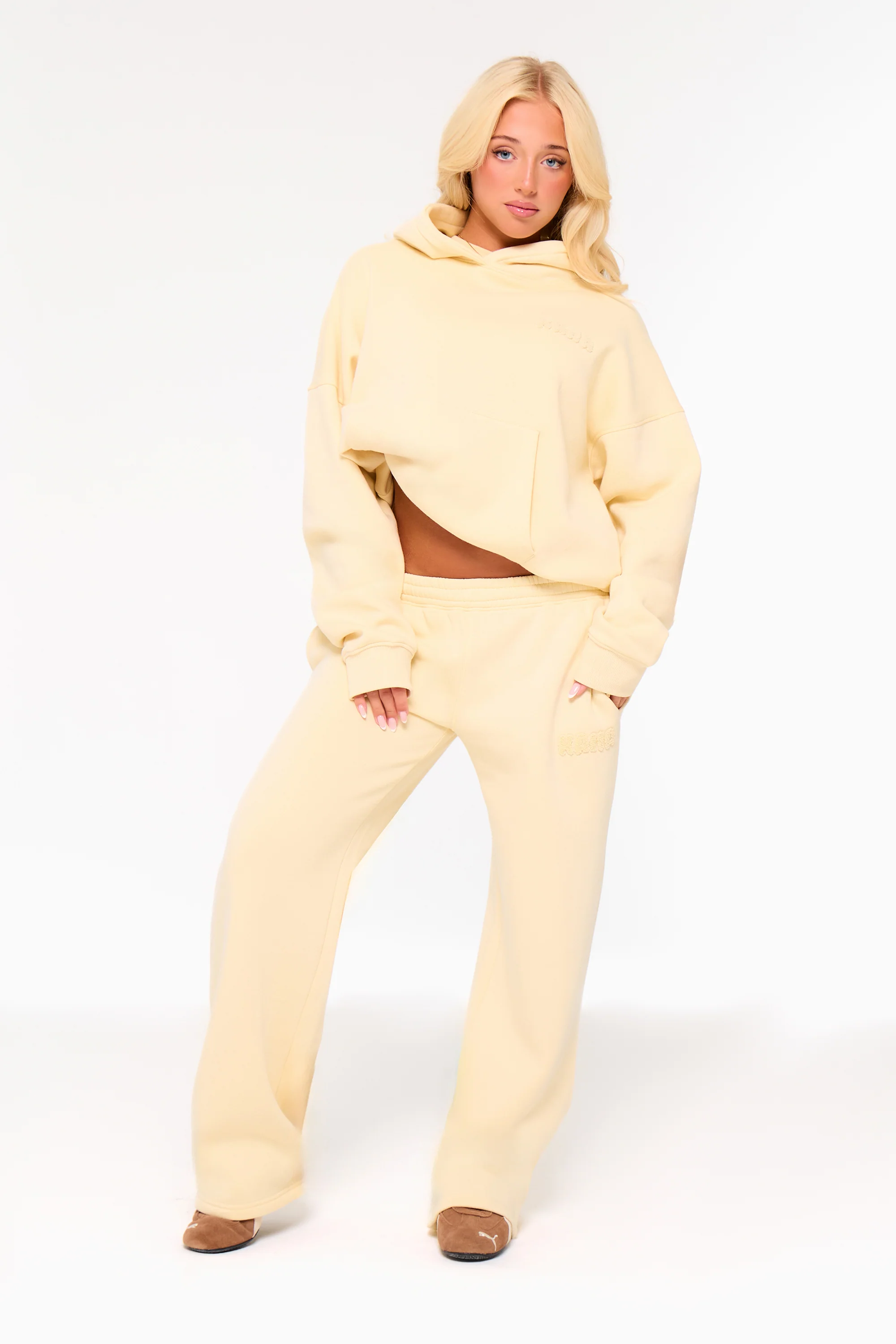 Kaiia Bubble Borg Wide Leg Joggers Soft Lemon - Image 4