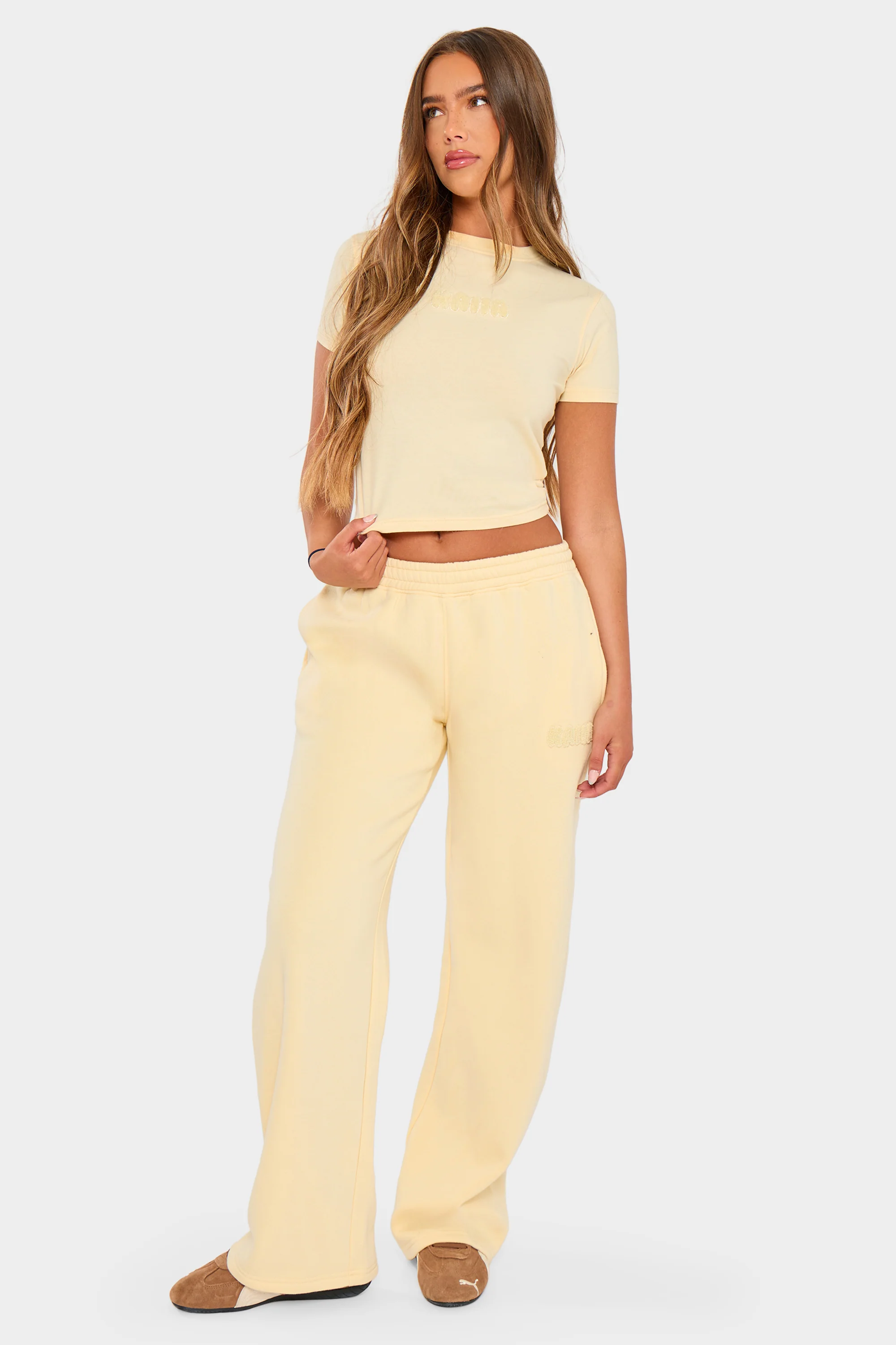 Kaiia Bubble Borg Wide Leg Joggers Soft Lemon - Image 7
