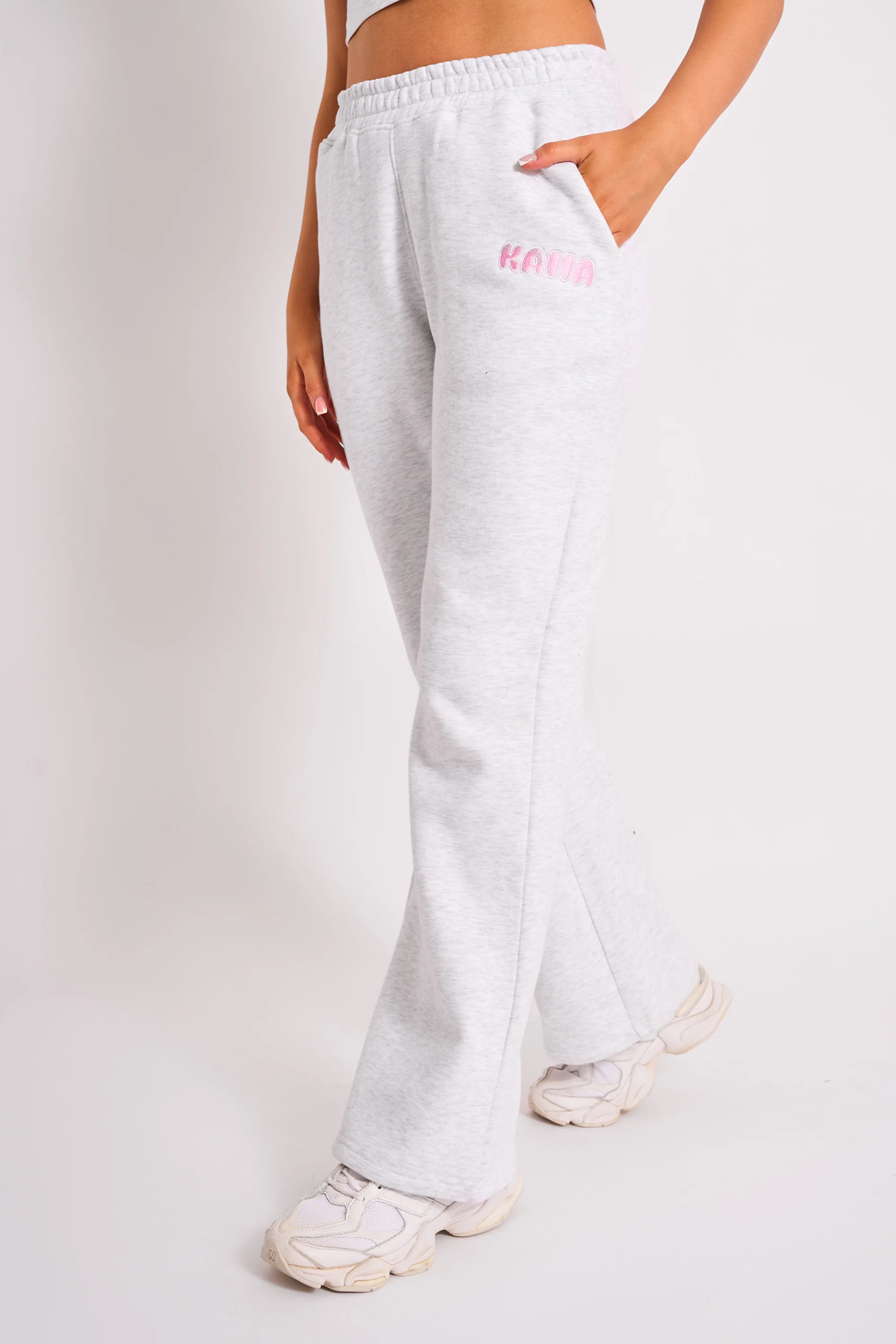 Kaiia Bubble Logo Wide Leg Joggers Grey Marl & Pink - Image 2