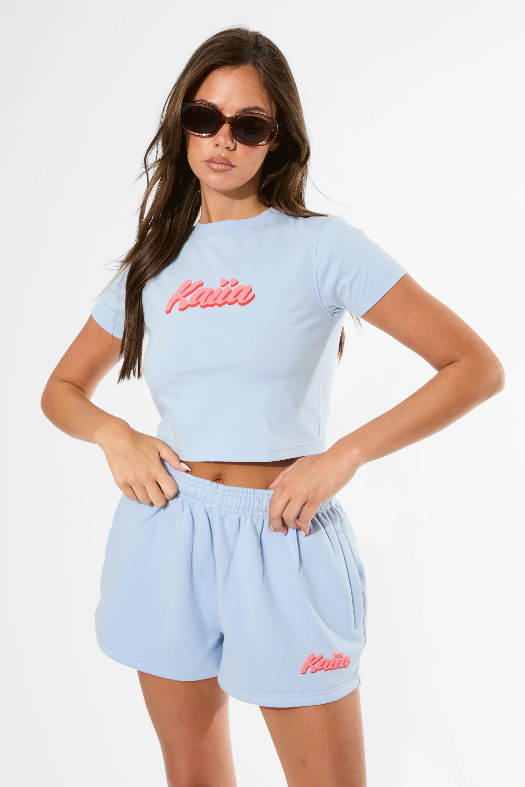 Kaiia Bubble Graphic Baby Tee Baby Blue & Coral - Image 5