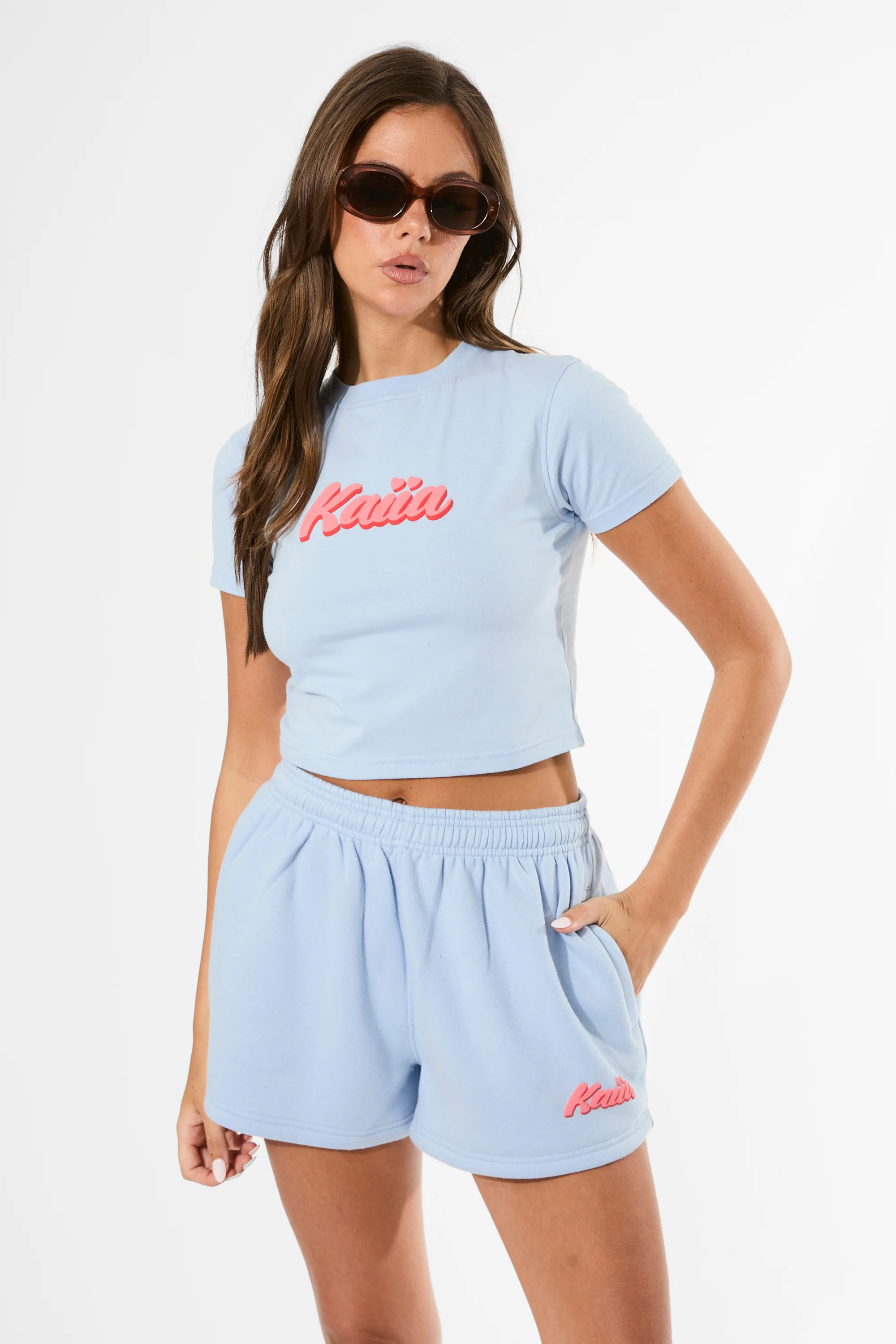 Kaiia Bubble Graphic Baby Tee Baby Blue & Coral - Image 8