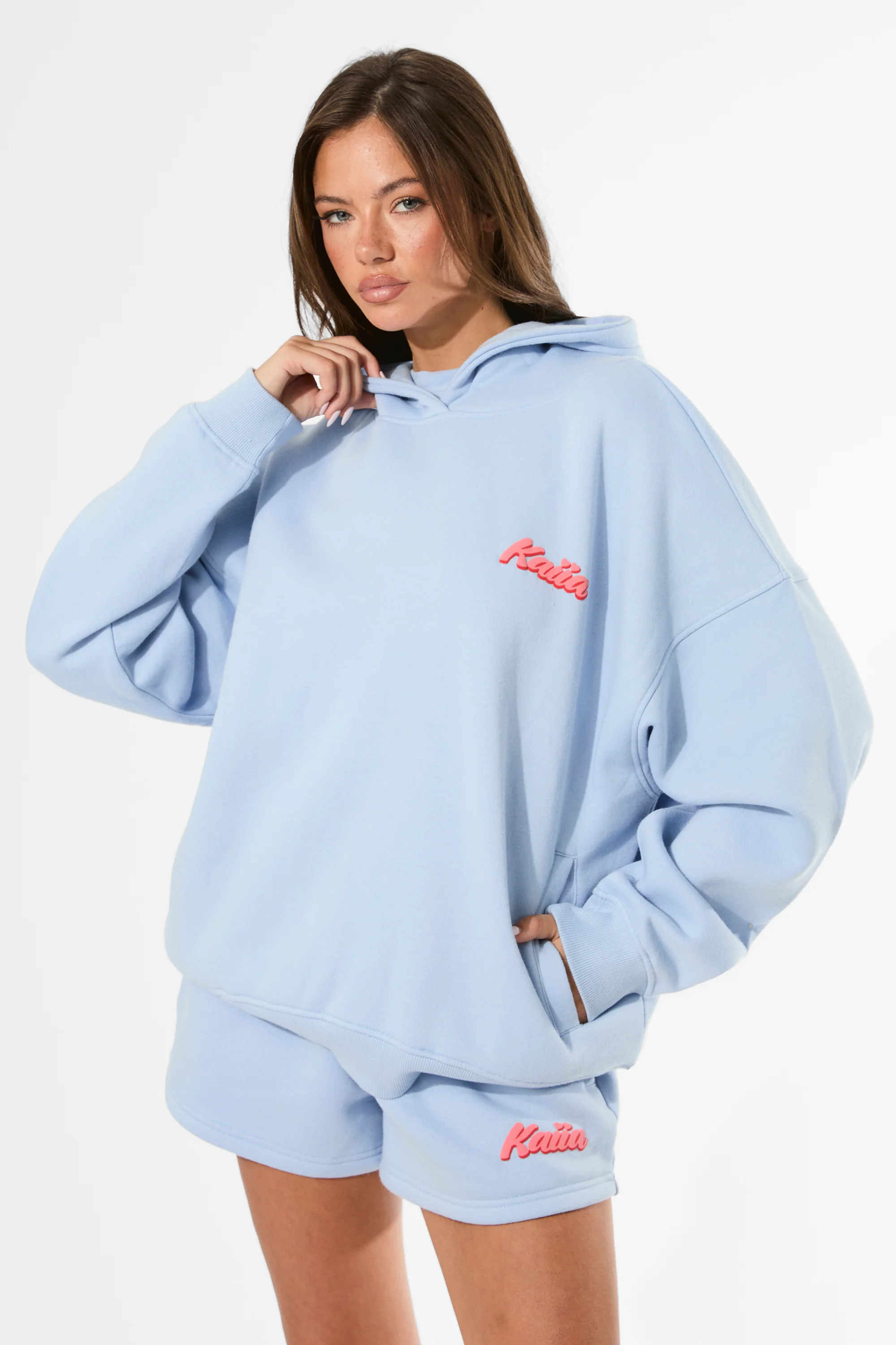 Kaiia Bubble Graphic Oversized Hoodie Baby Blue & Coral - Image 4
