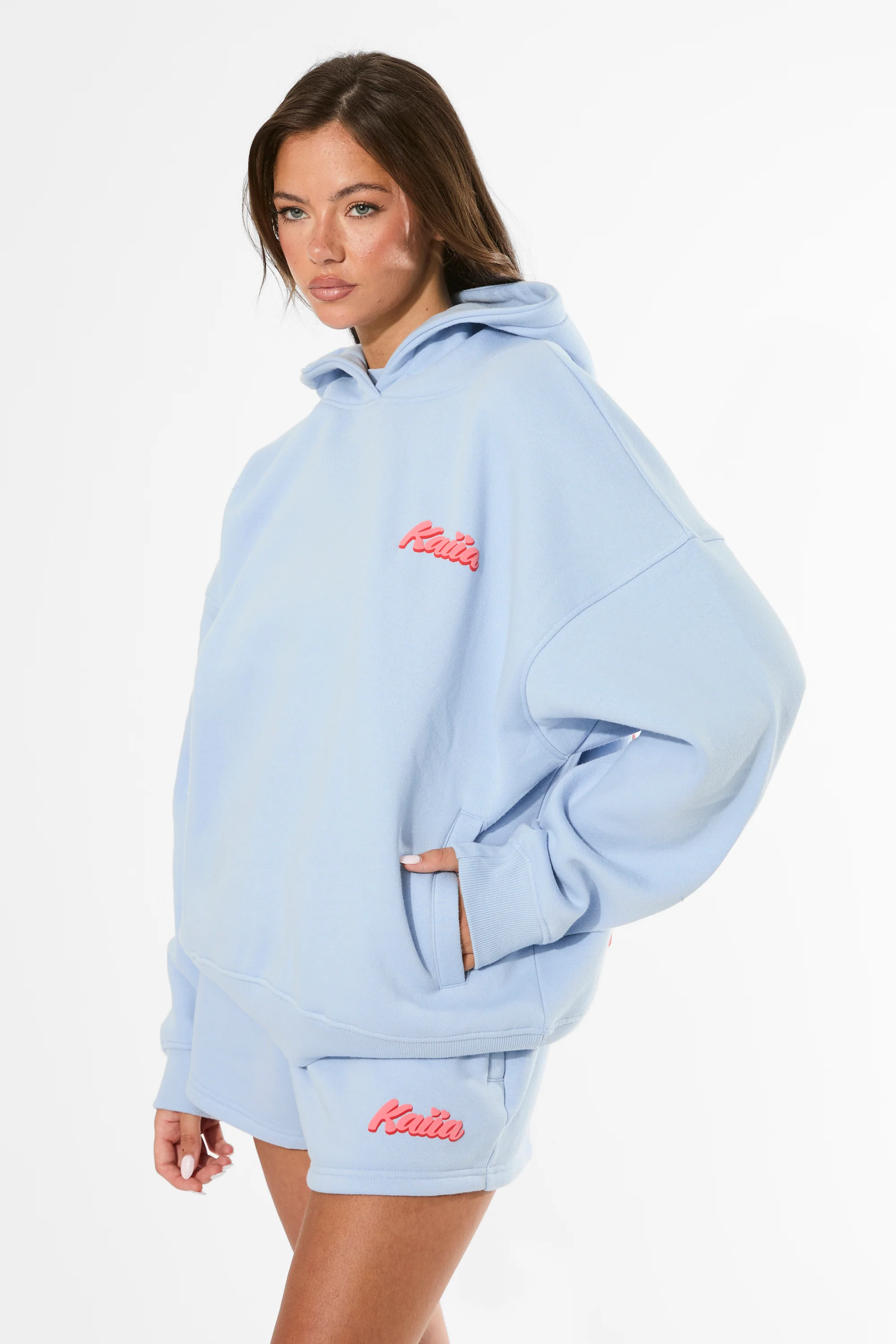 Kaiia Bubble Graphic Oversized Hoodie Baby Blue & Coral - Image 6