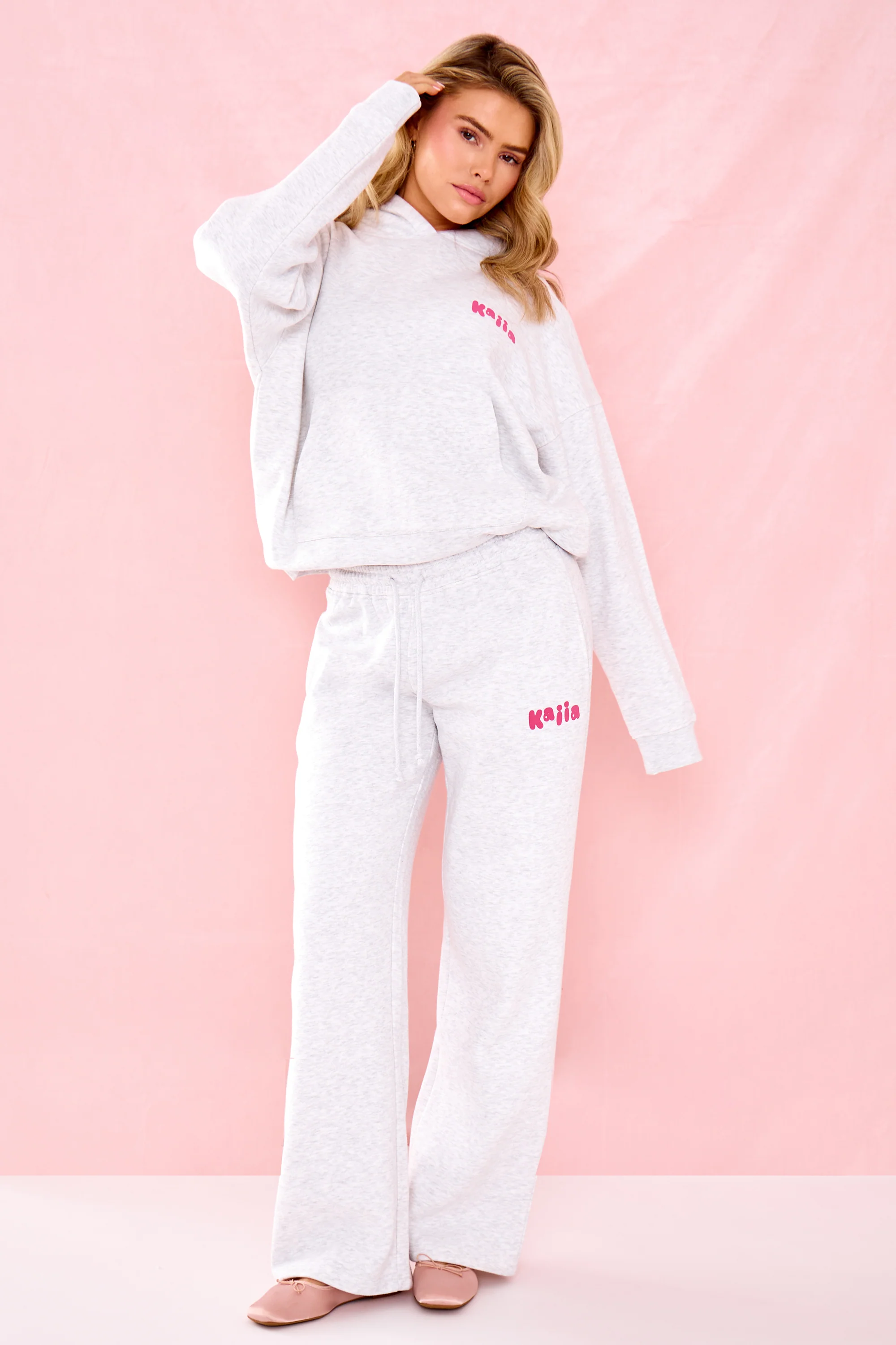 Kaiia Bubble Graphic Wide Leg Joggers Light Grey Marl & Pink