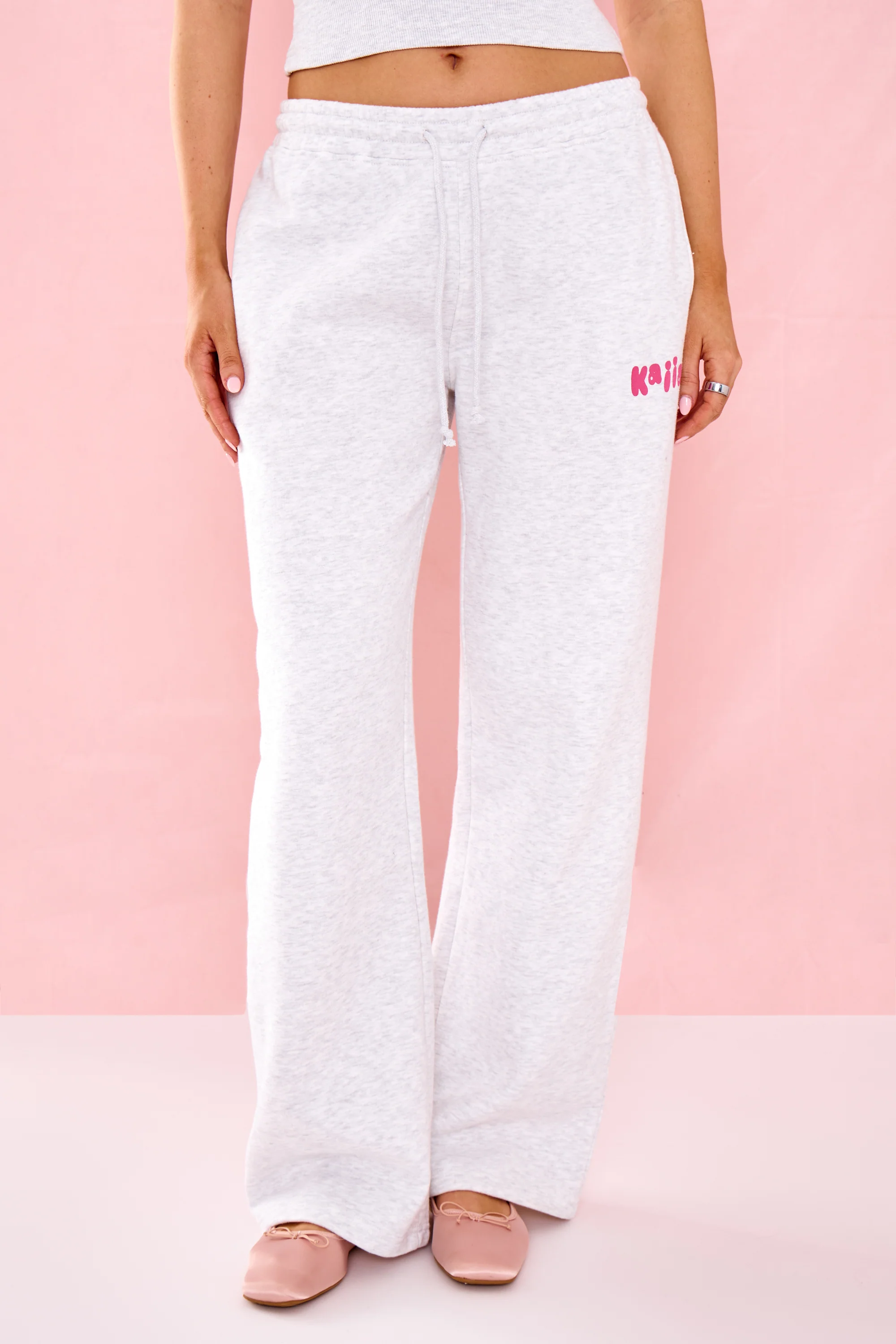 Kaiia Bubble Graphic Wide Leg Joggers Light Grey Marl & Pink - Image 3