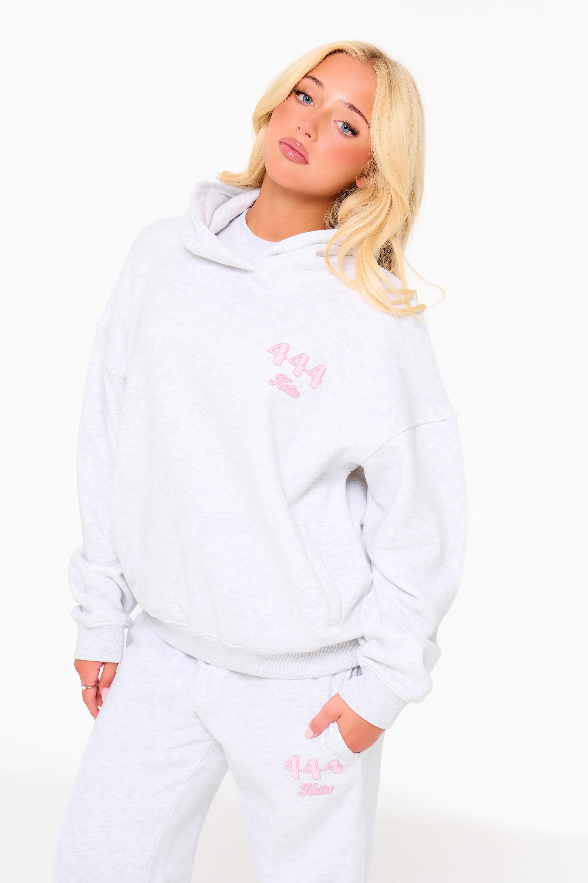 Kaiia Bubble Icon Oversized Hoodie Light Grey Marl & Pink - Image 4