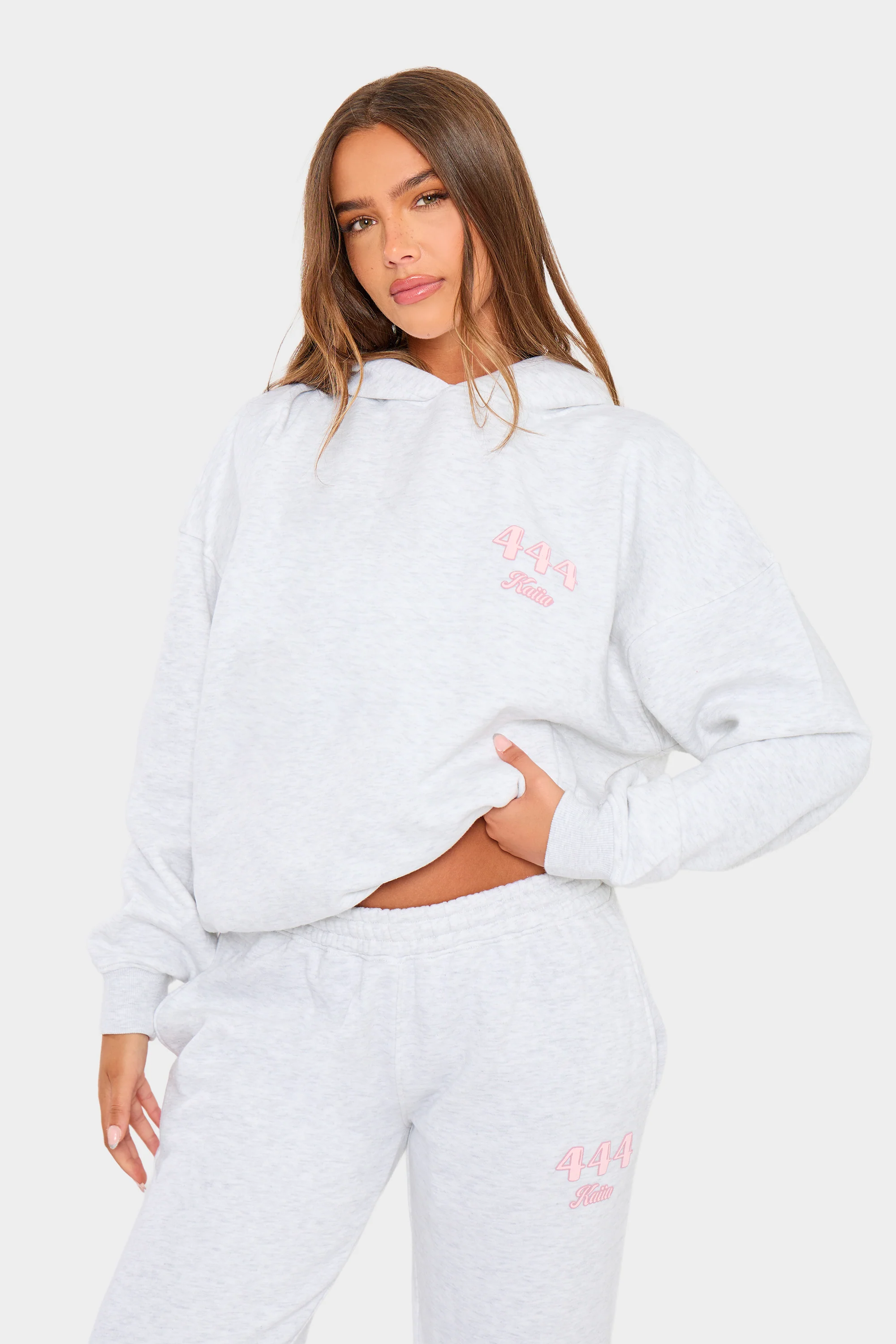 Kaiia Bubble Icon Oversized Hoodie Light Grey Marl & Pink - Image 5