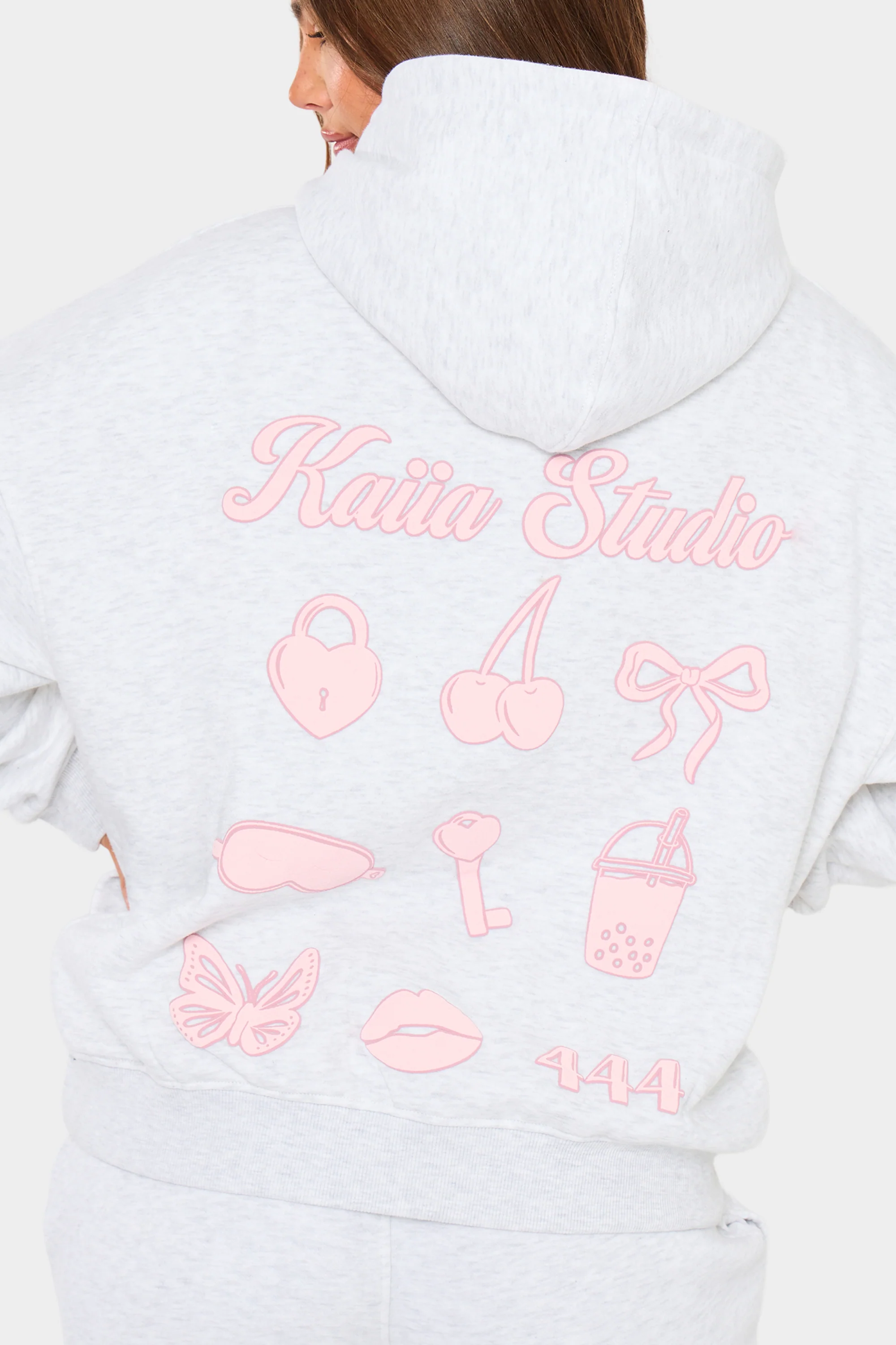 Kaiia Bubble Icon Oversized Hoodie Light Grey Marl & Pink - Image 6