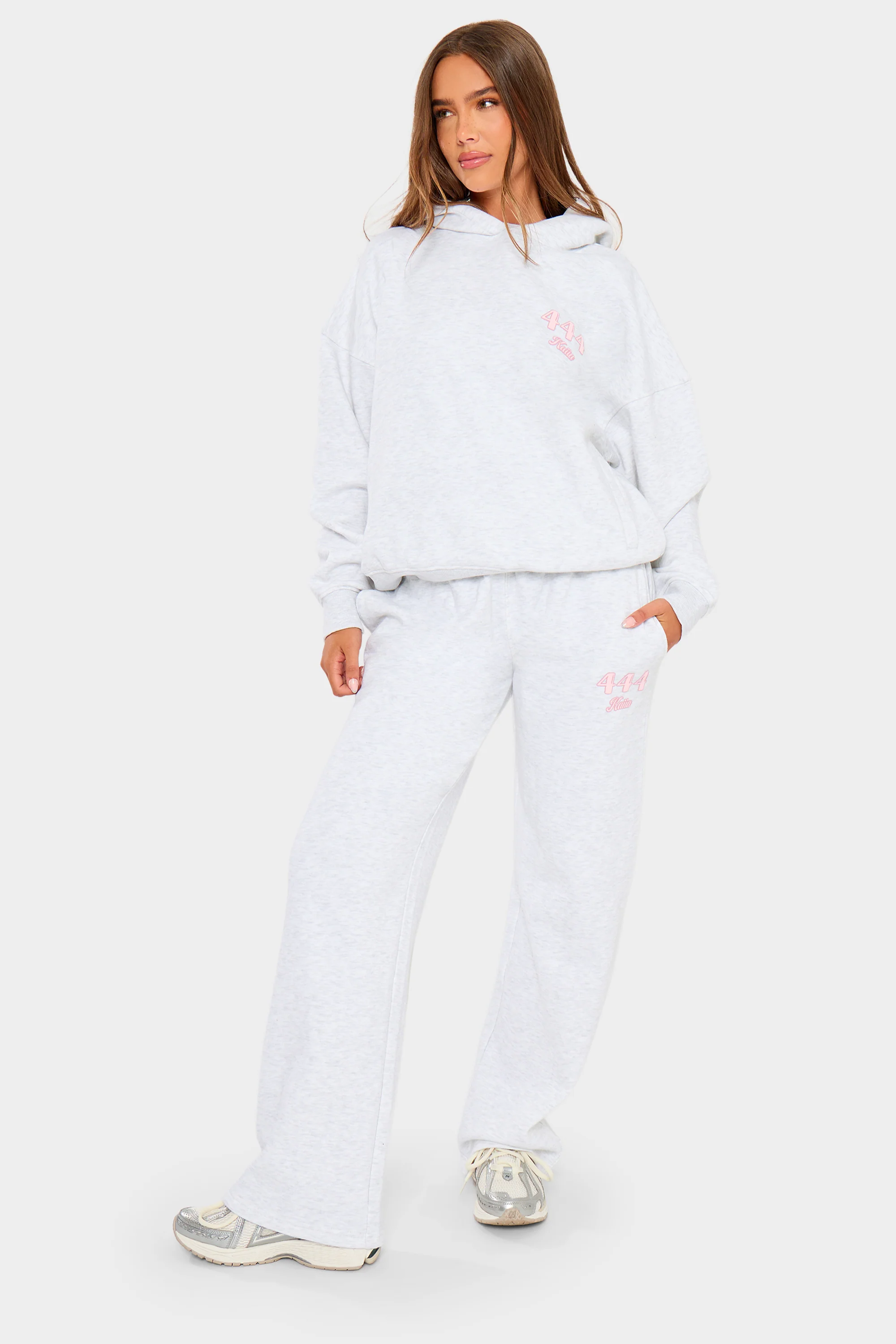 Kaiia Bubble Icon Oversized Hoodie Light Grey Marl & Pink - Image 7