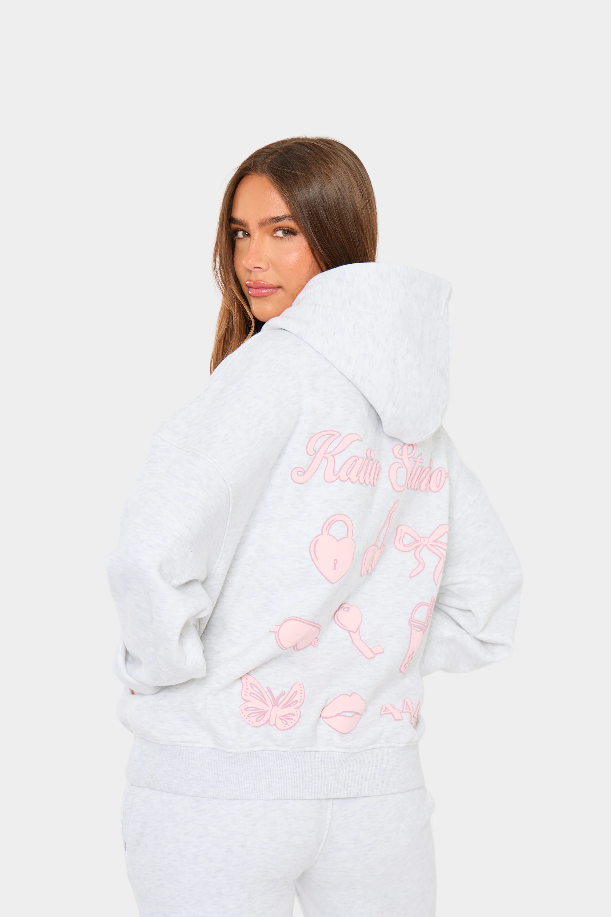 Kaiia Bubble Icon Oversized Hoodie Light Grey Marl & Pink - Image 8