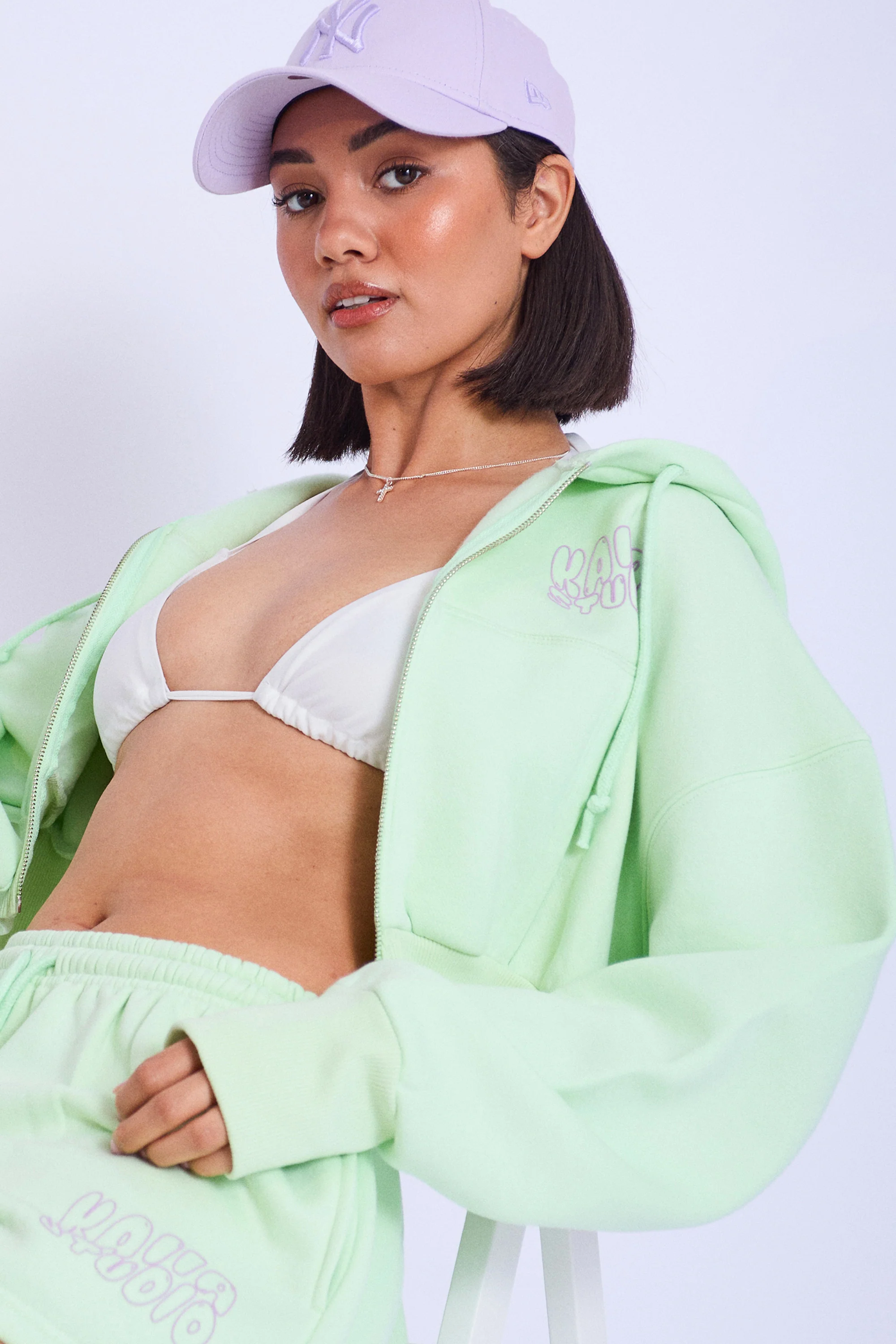 Kaiia Studio Bubble Logo Cropped Zip Up Hoodie Lime & Lilac - Image 4