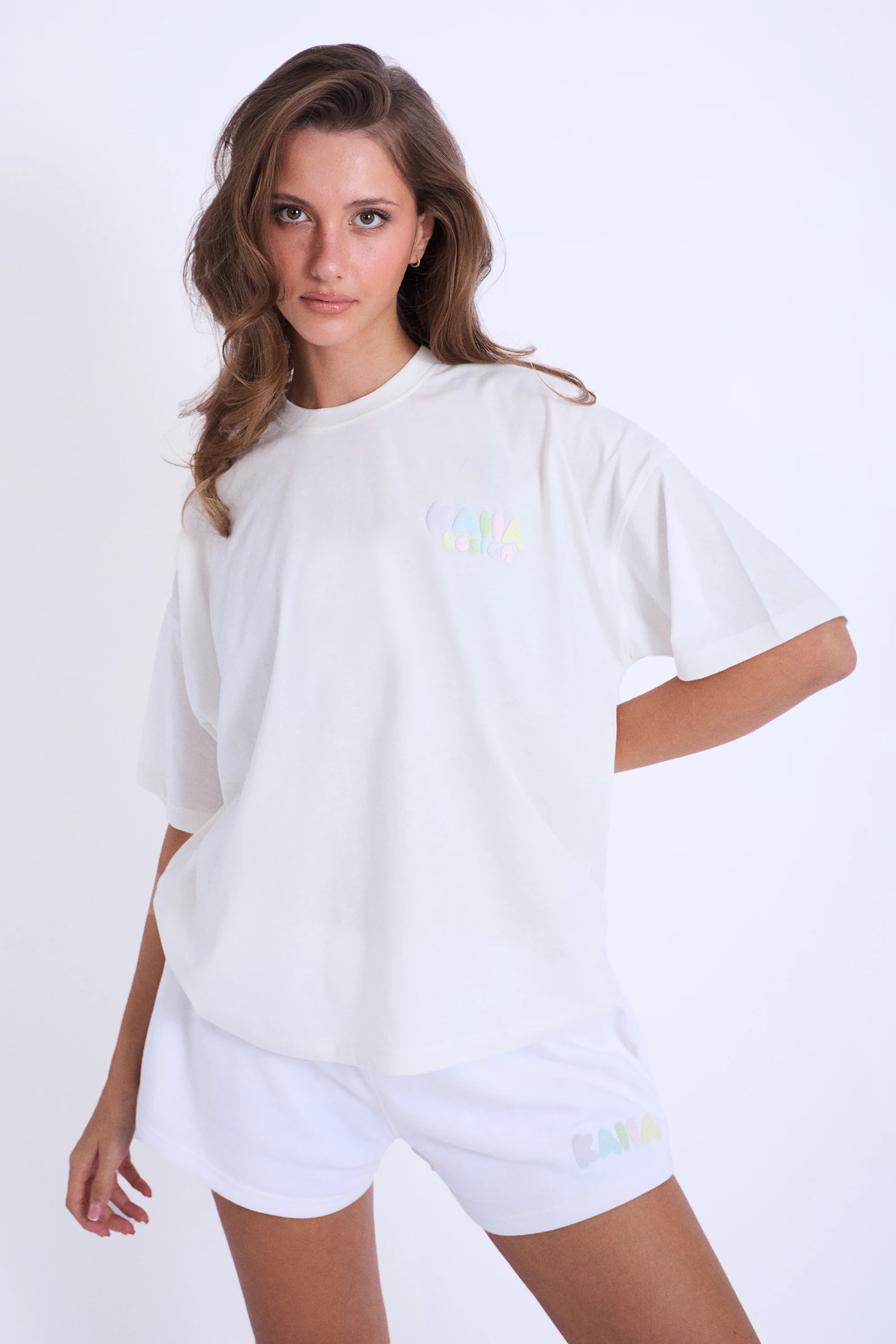 Kaiia Bubble Logo Oversized Tee Off White & Rainbow - Image 2