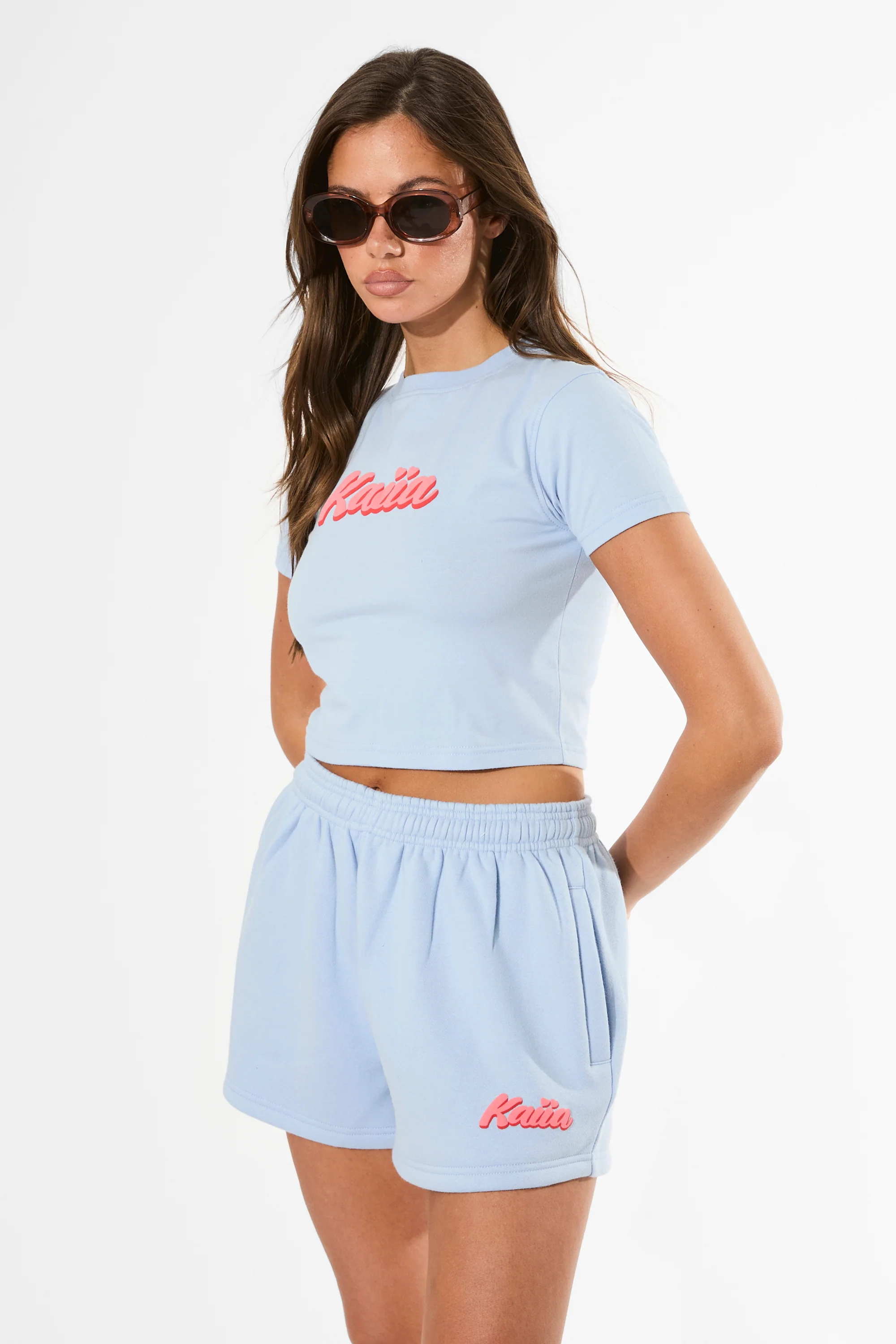 Kaiia Bubble Graphic Mini Sweat Shorts Baby Blue & Coral - Image 6