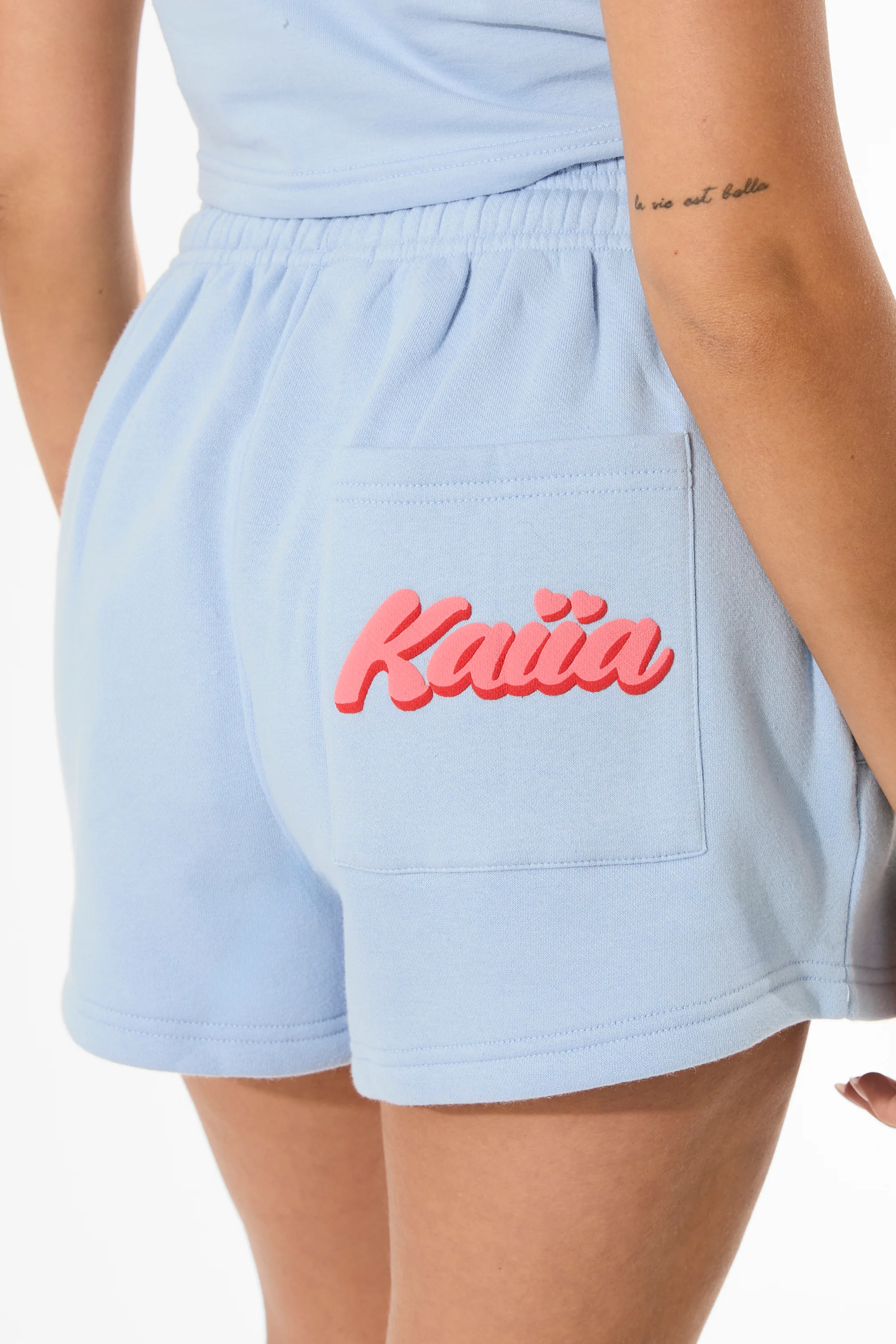Kaiia Bubble Graphic Mini Sweat Shorts Baby Blue & Coral - Image 7