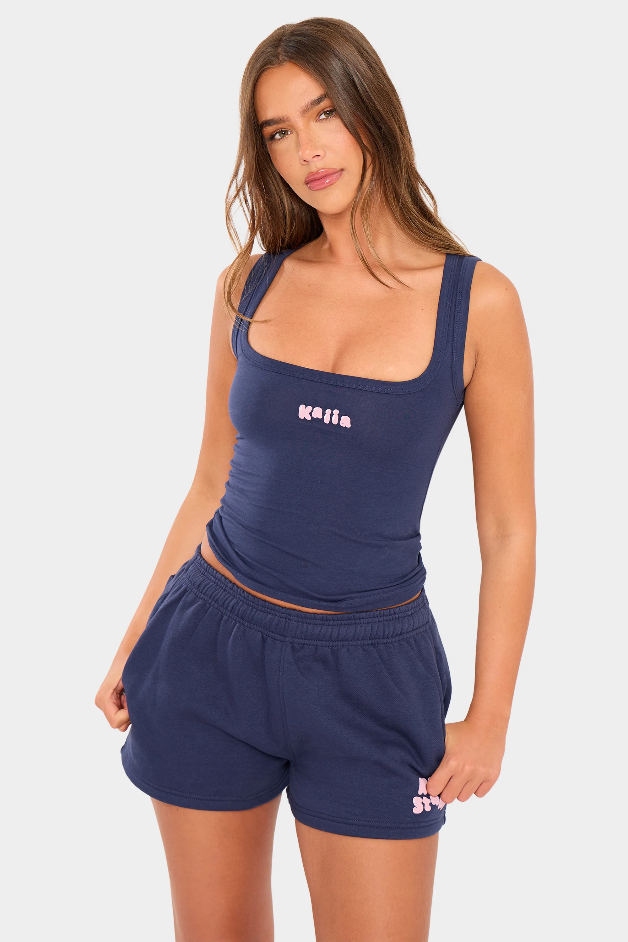 Kaiia Bubble Ribbed Vest Top Navy & Pink - Image 5
