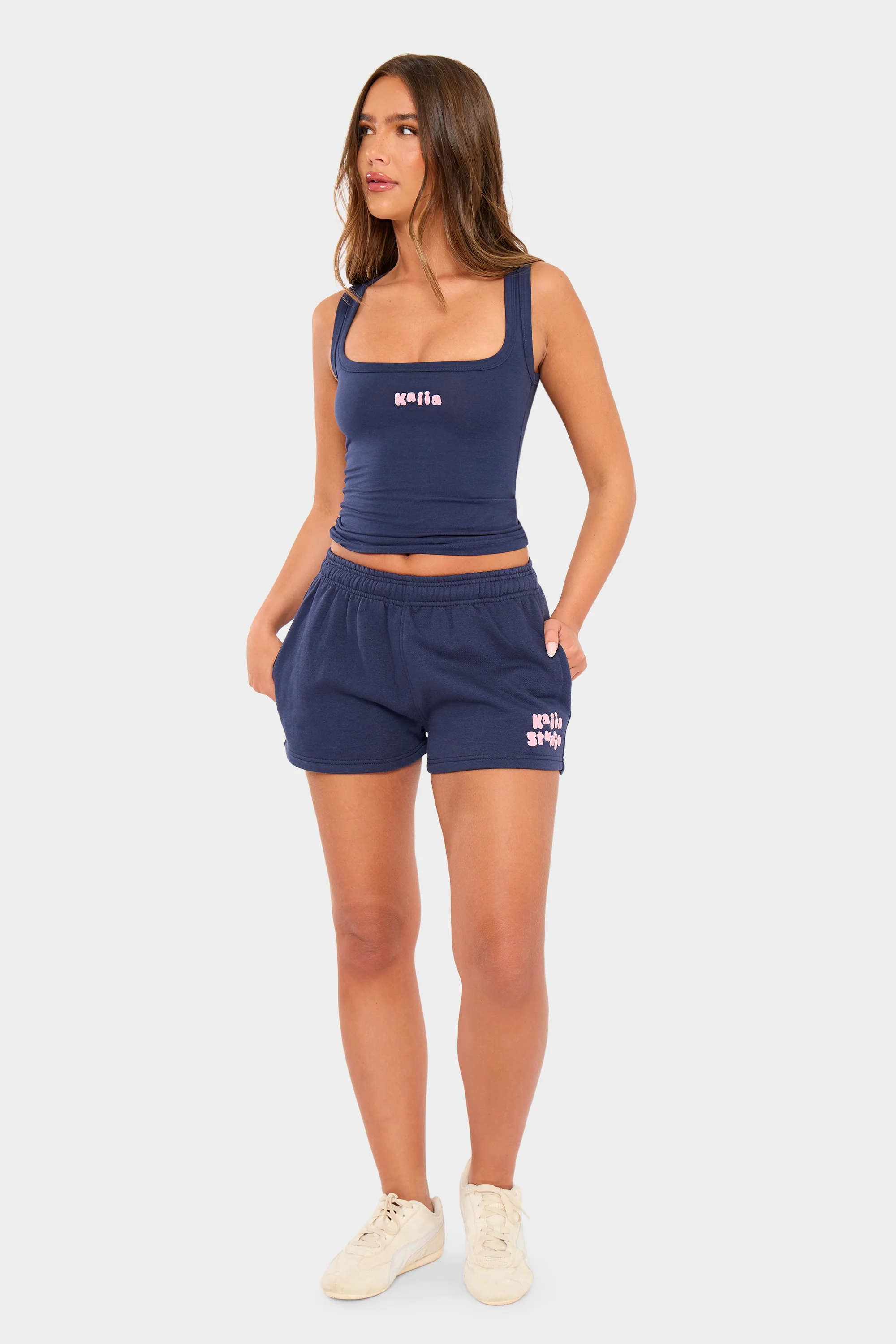 Kaiia Bubble Ribbed Vest Top Navy & Pink - Image 7