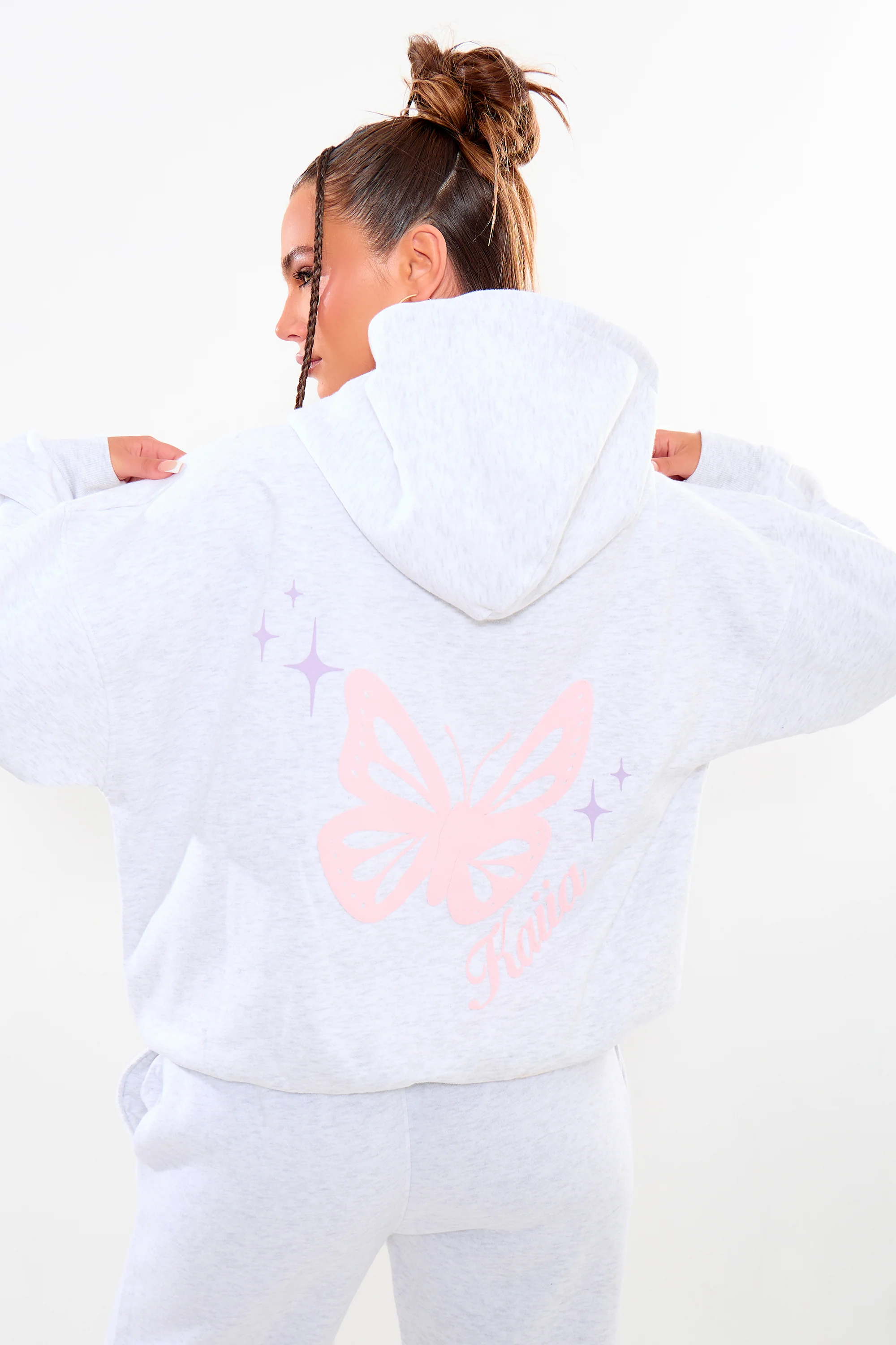 Kaiia Butterfly Graphic Oversized Hoodie Light Grey Marl & Pink - Image 2