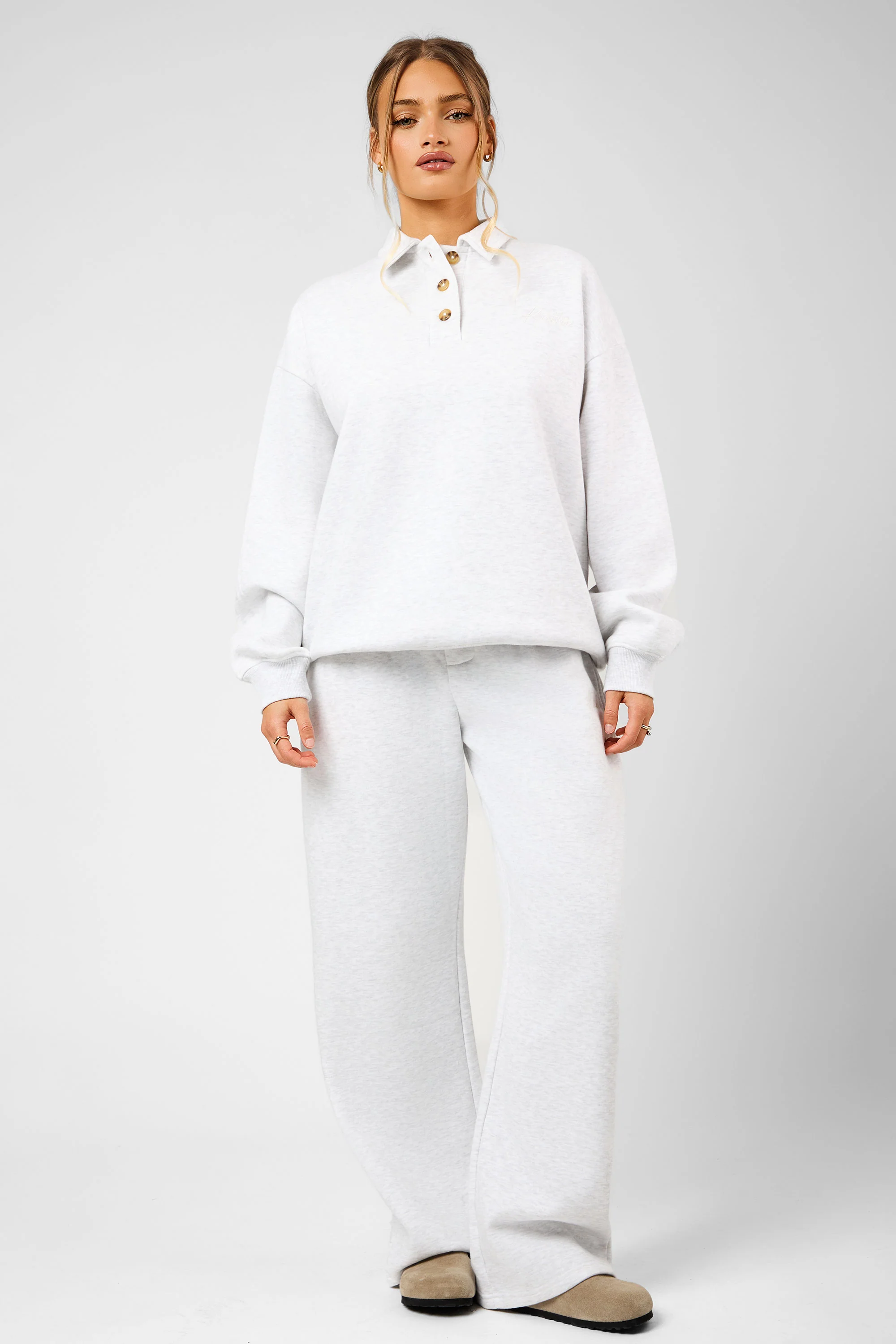 Kaiia Script Logo Button Detail Collar Sweatshirt Light Grey Marl - Image 8