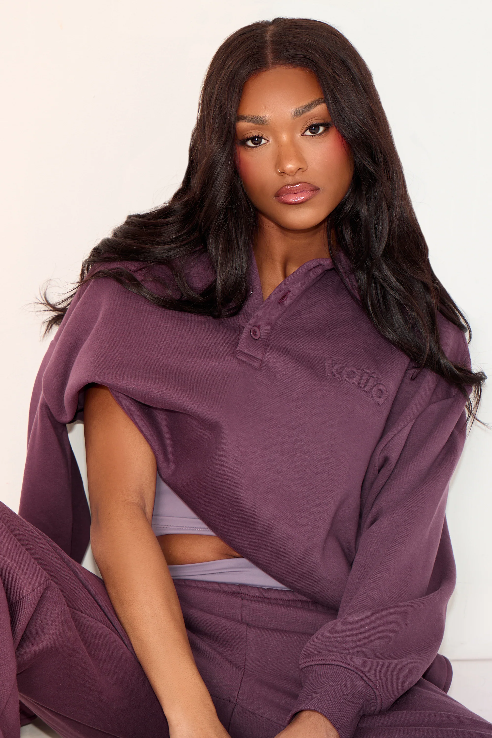 Kaiia Button Embossed Logo Polo Sweatshirt Aubergine - Image 2