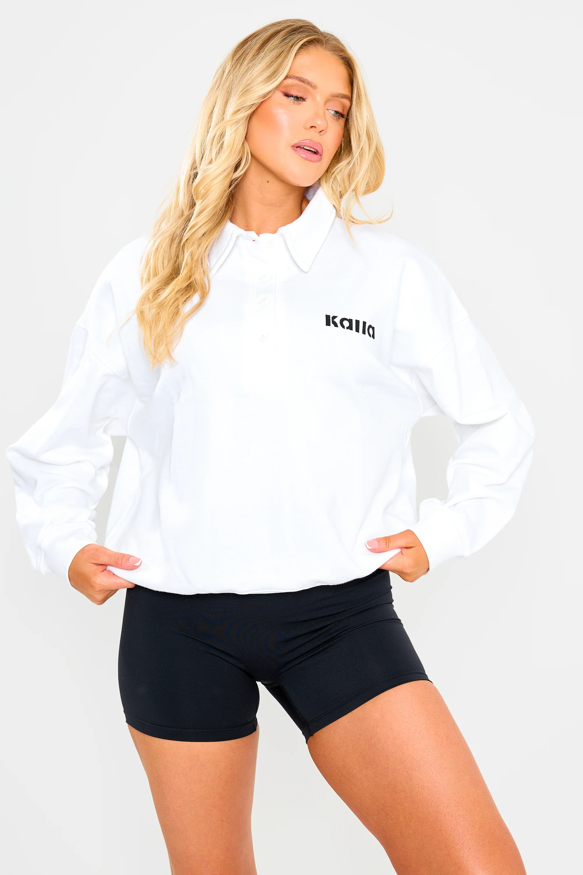 Kaiia Rugby style Button Up Sweatshirt White - Image 3
