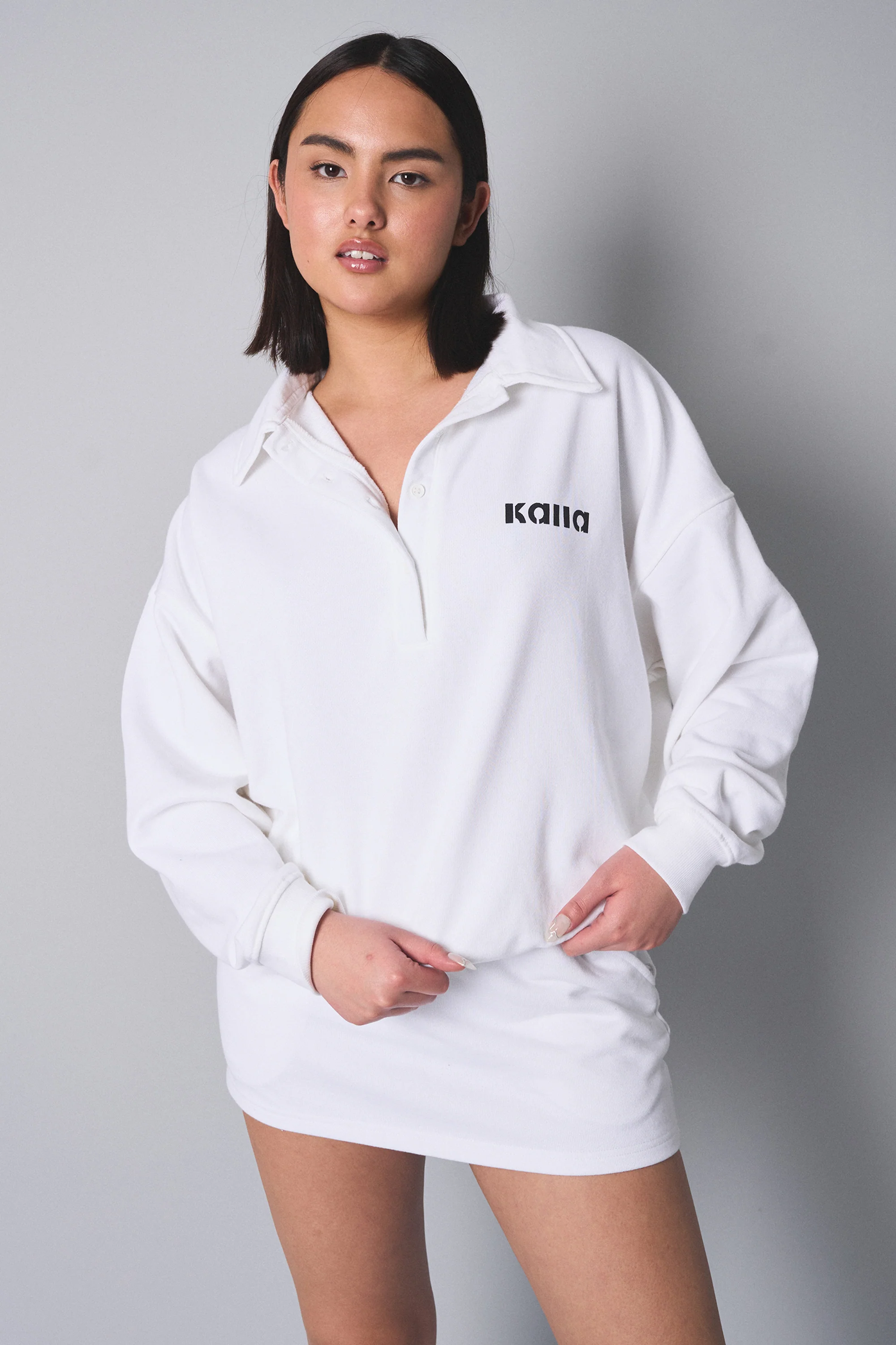 Kaiia Rugby style Button Up Sweatshirt White - Image 6