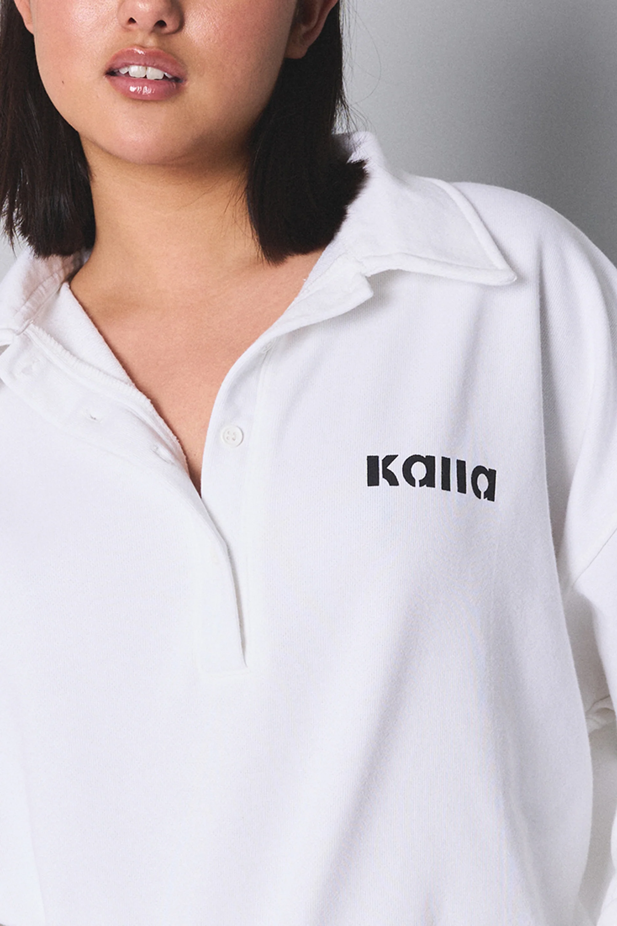 Kaiia Rugby style Button Up Sweatshirt White - Image 9