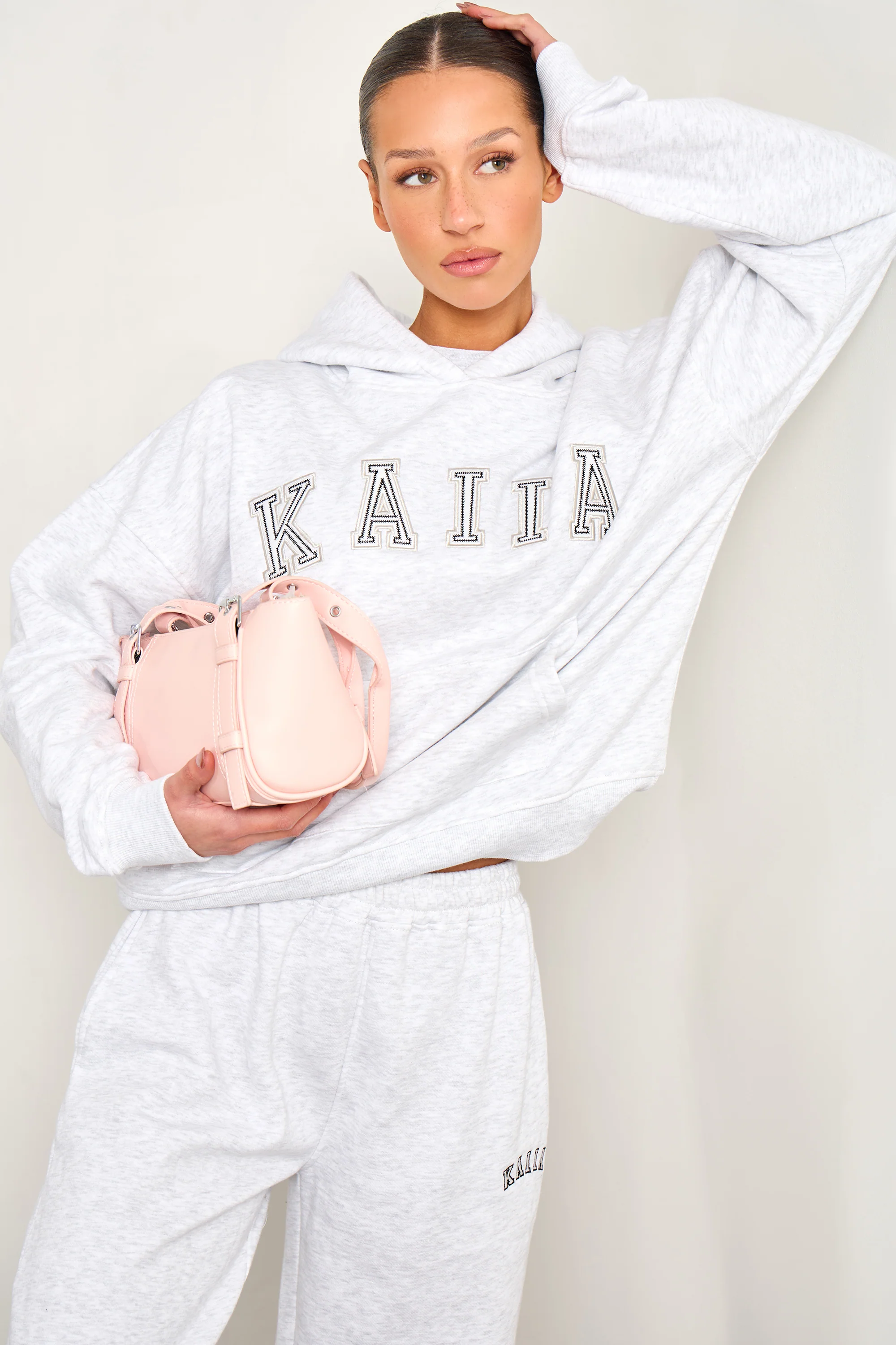 Kaiia Chainstitch Slogan Oversized Hoodie Light Grey Marl - Image 2