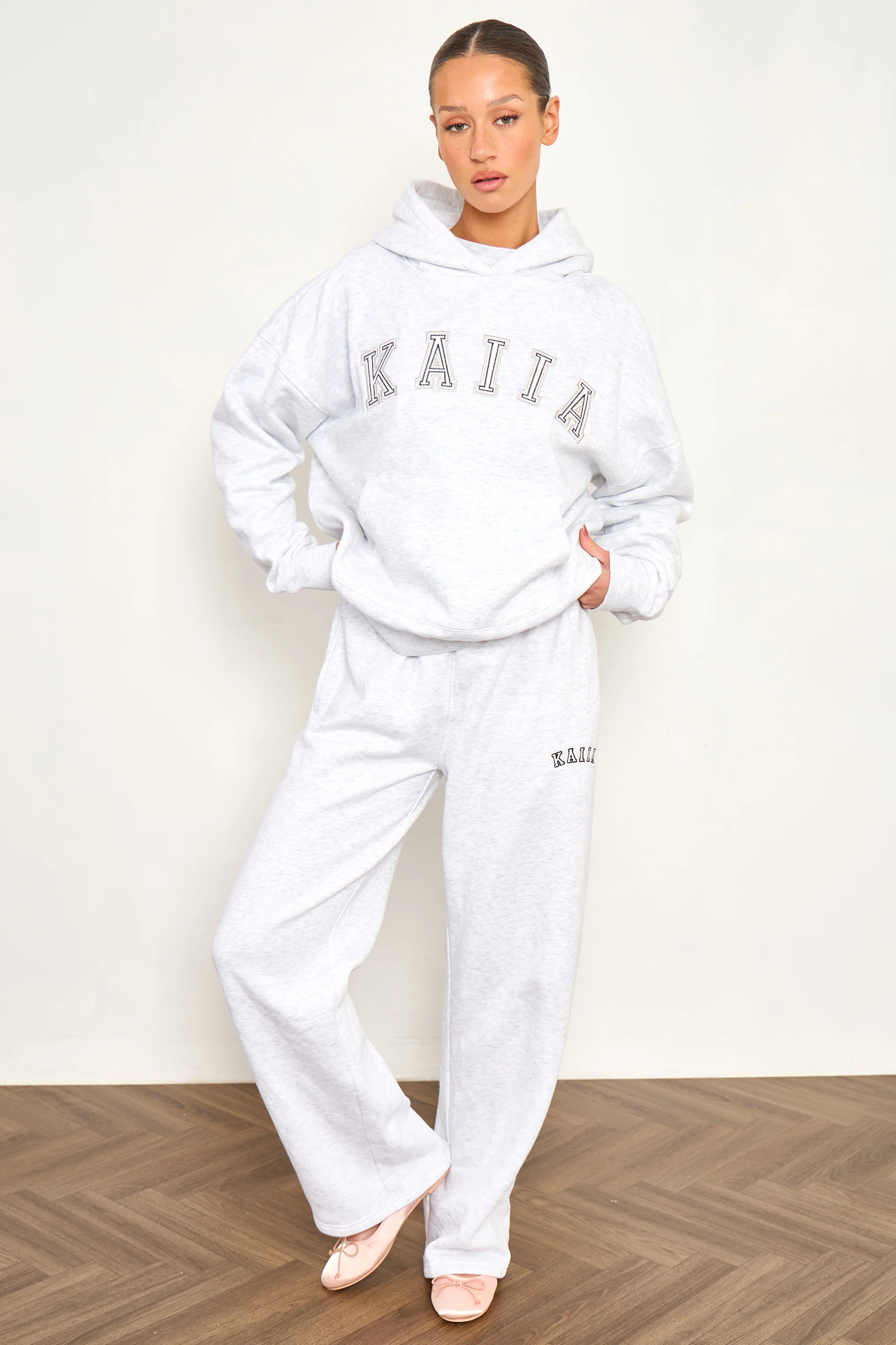 Kaiia Chainstitch Slogan Oversized Hoodie Light Grey Marl - Image 3