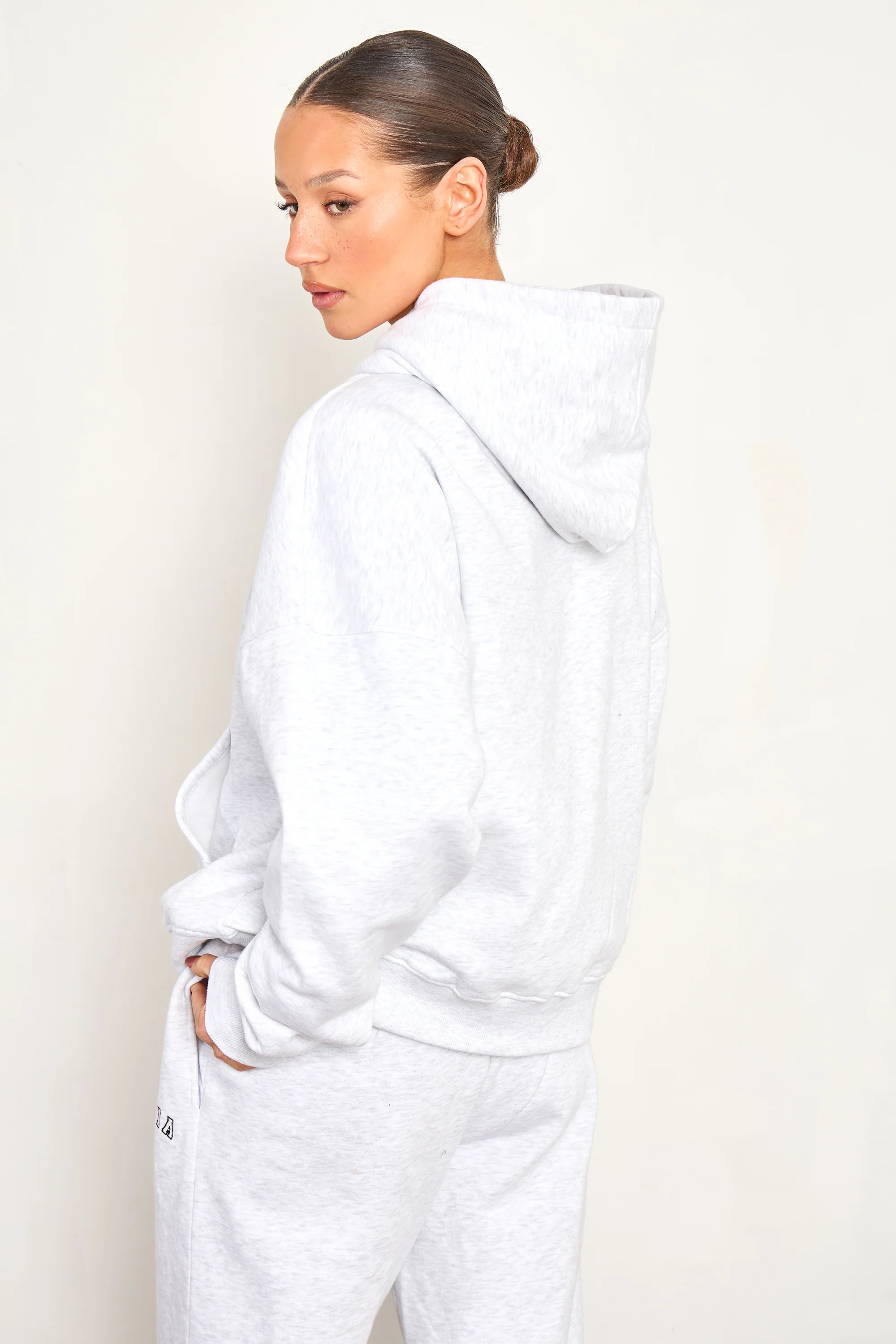 Kaiia Chainstitch Slogan Oversized Hoodie Light Grey Marl - Image 4