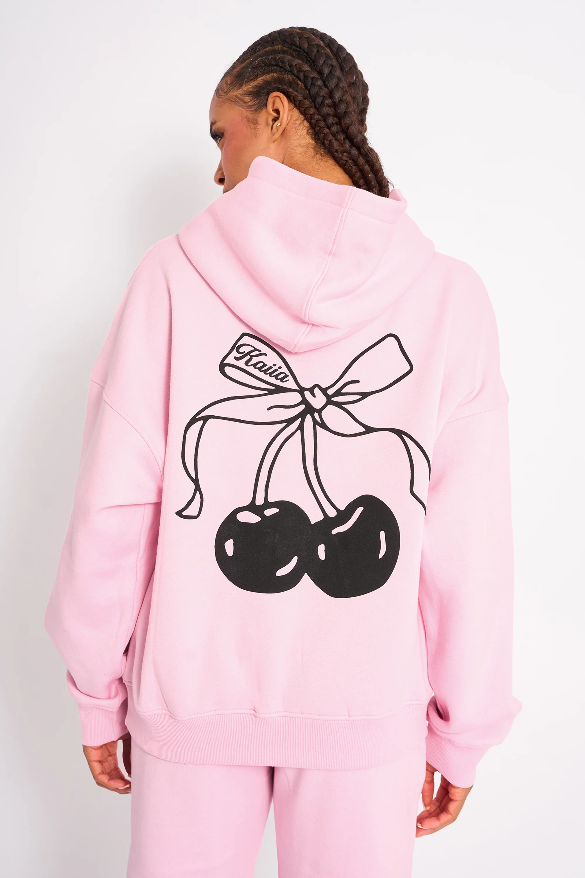 Kaiia Cherry Bow Graphic Oversized Hoodie Baby Pink & Black
