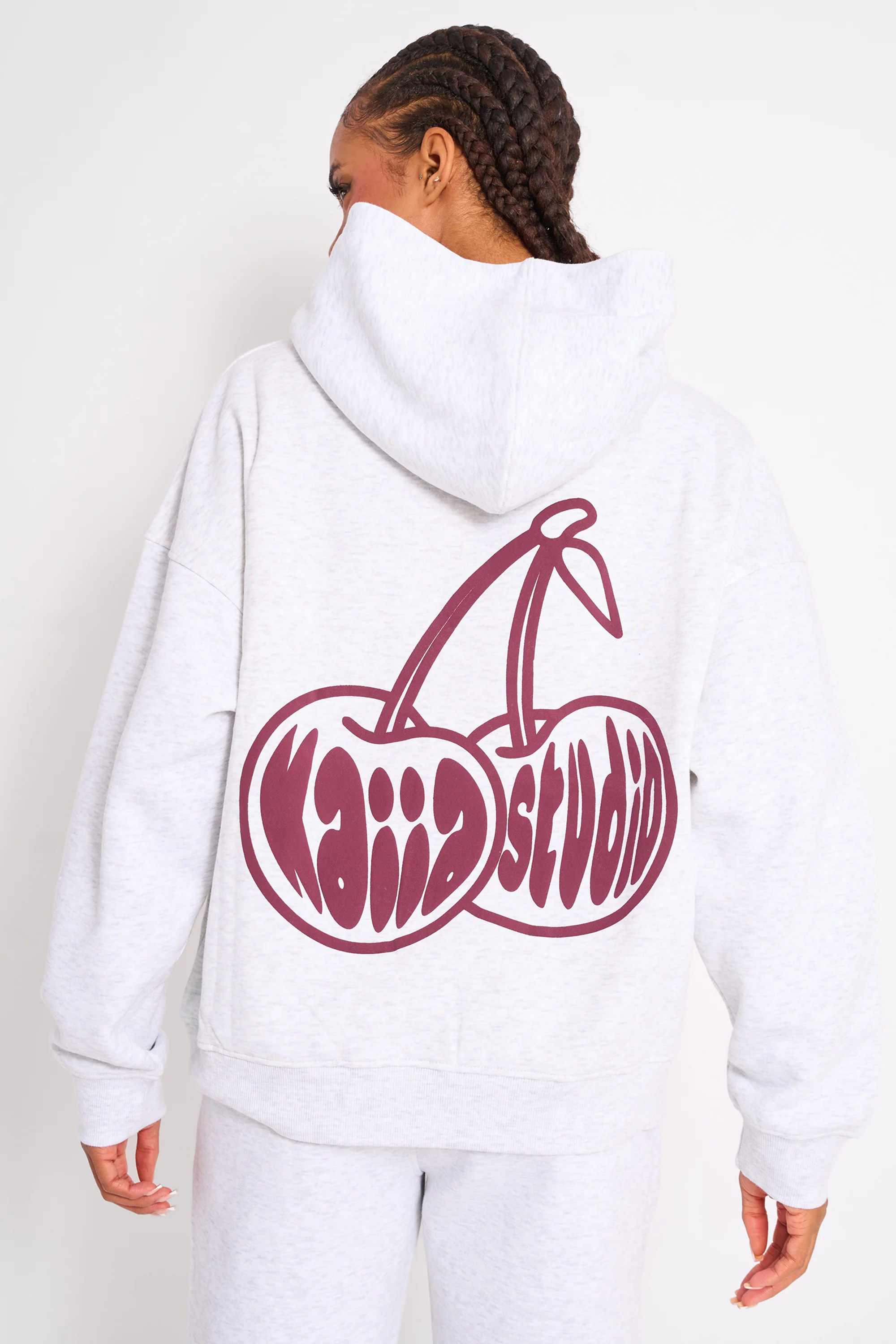 Kaiia Cherry Graphic Oversized Hoodie Light Grey Marl & Plum