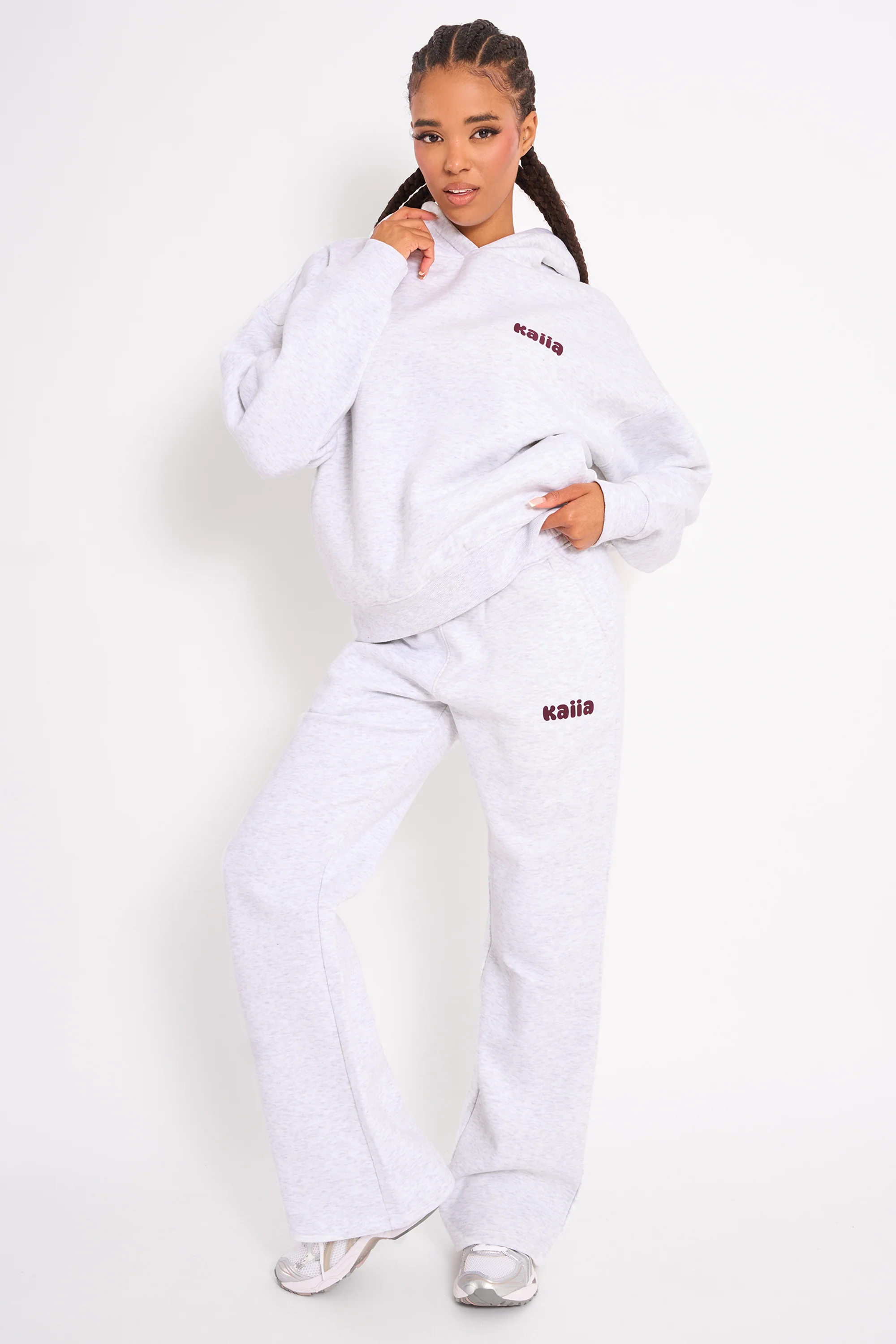 Kaiia Cherry Graphic Oversized Hoodie Light Grey Marl & Plum - Image 3