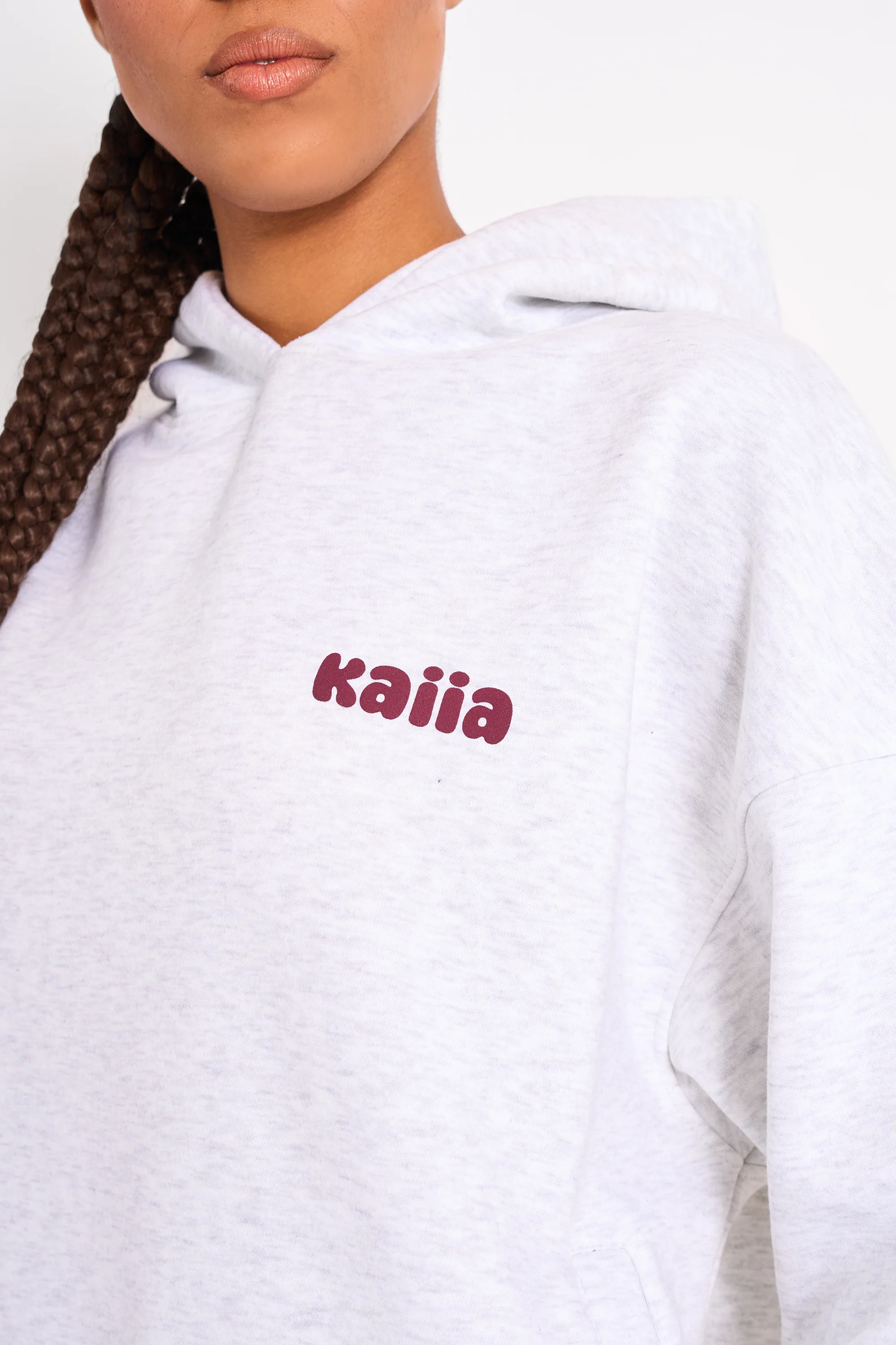 Kaiia Cherry Graphic Oversized Hoodie Light Grey Marl & Plum - Image 4