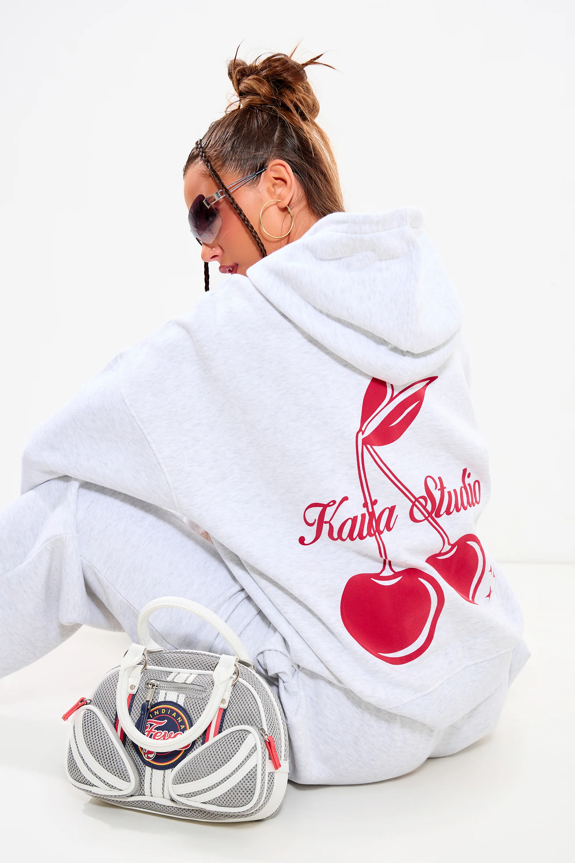 Kaiia Cherry Graphic Oversized Hoodie Light Grey Marl & Red