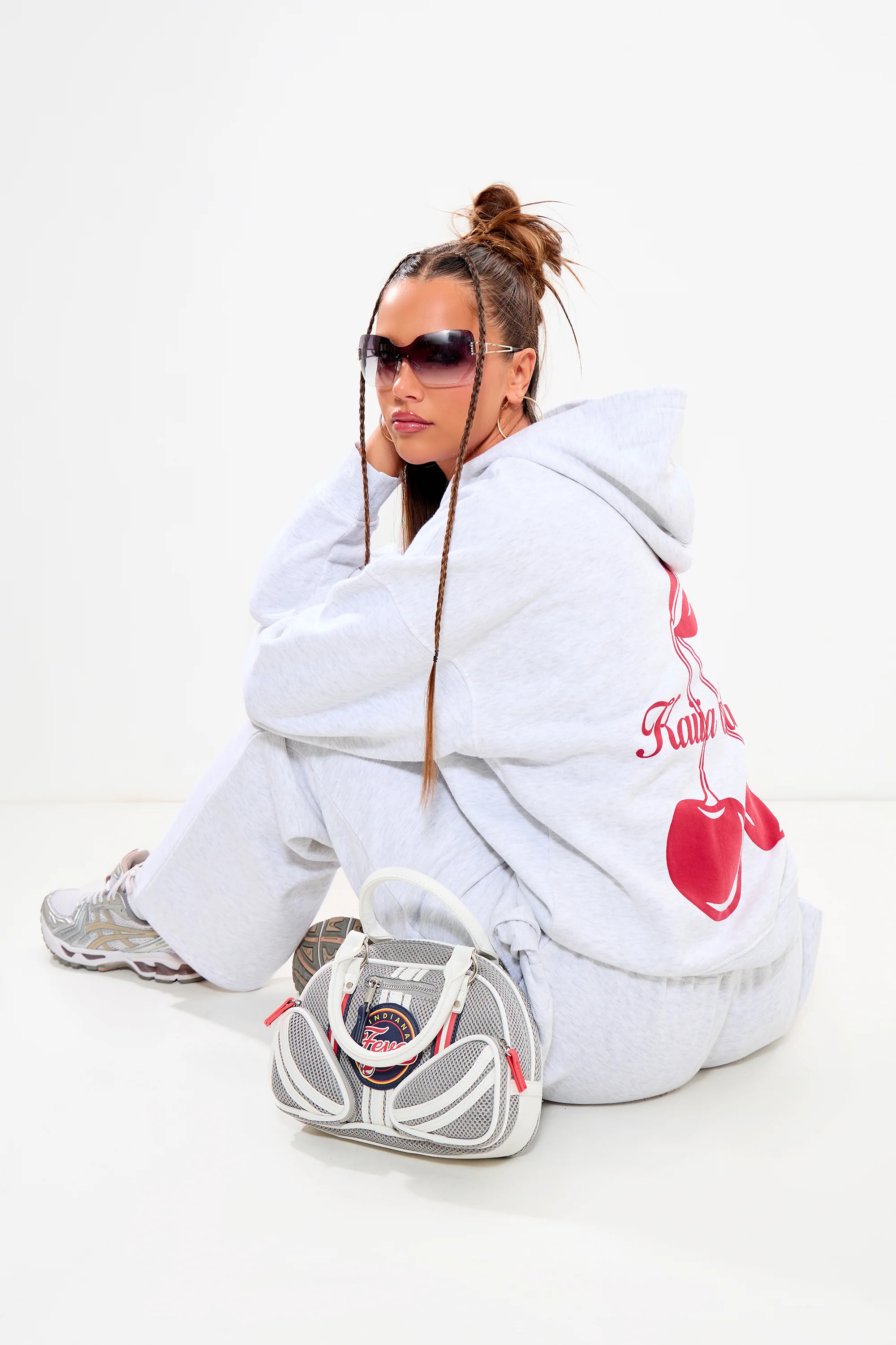 Kaiia Cherry Graphic Oversized Hoodie Light Grey Marl & Red - Image 4