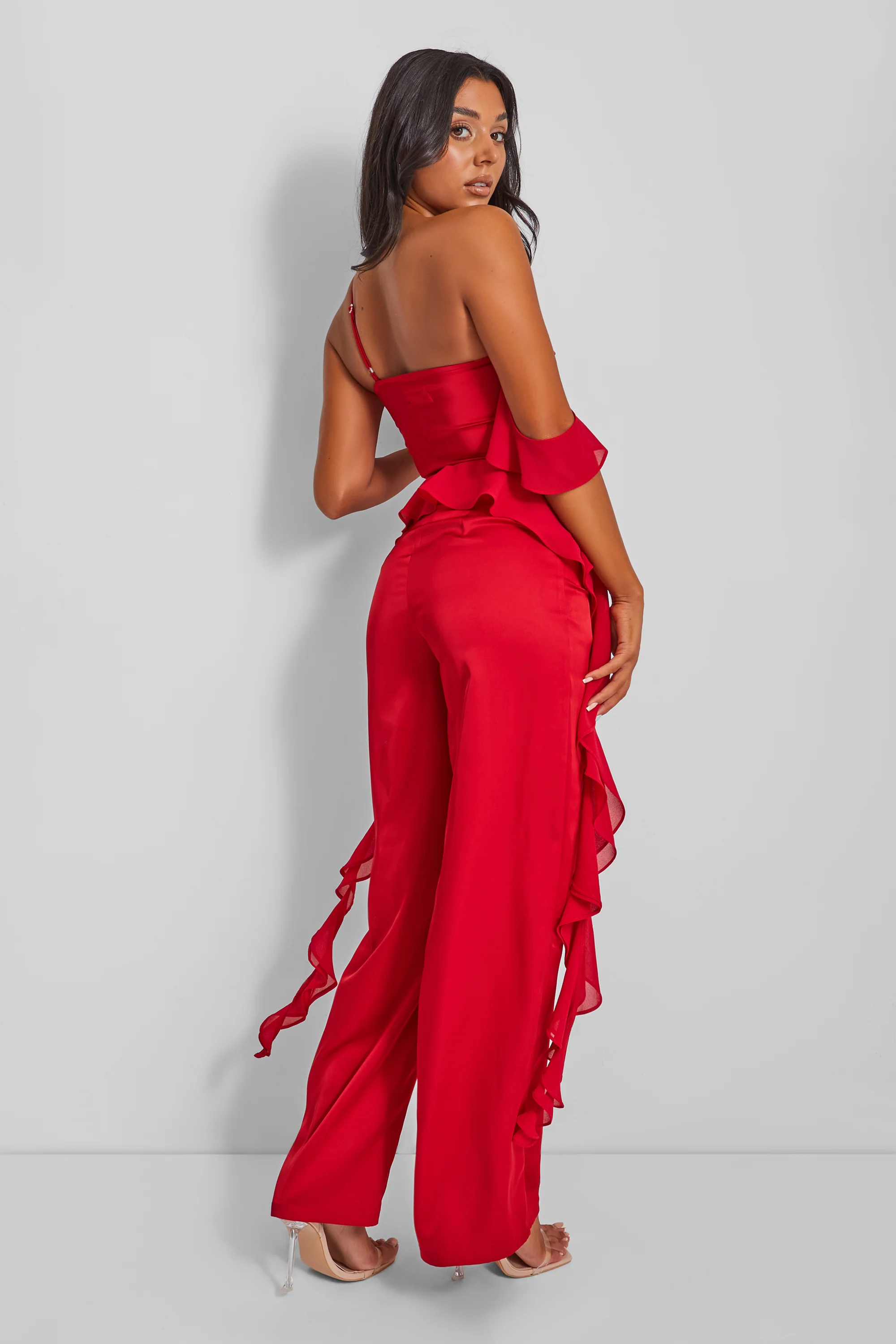 Kaiia Chiffon Ruffle Cami Top in Red - Image 4