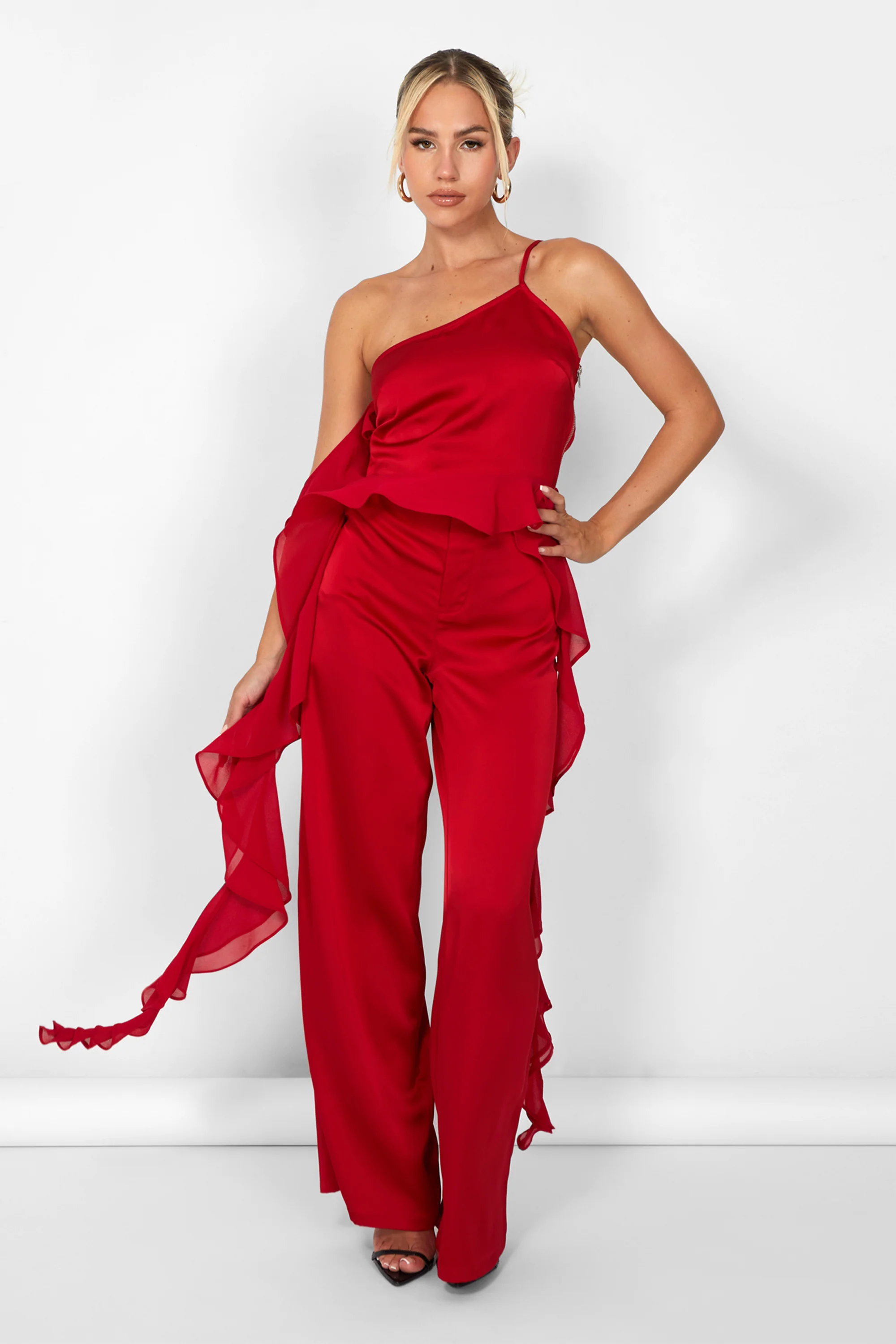 Kaiia Chiffon Ruffle Wide Leg Trouser in Red