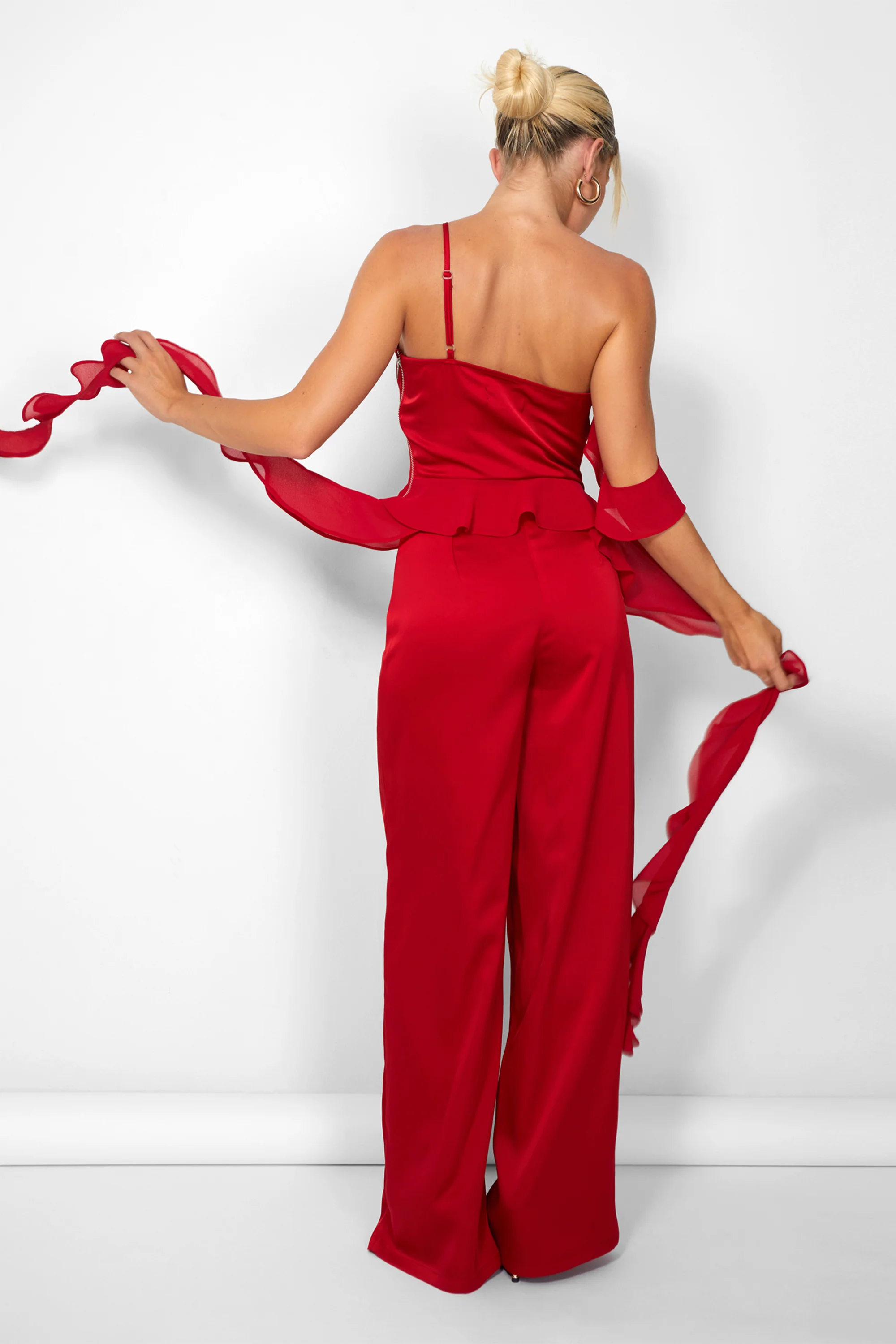 Kaiia Chiffon Ruffle Wide Leg Trouser in Red - Image 2