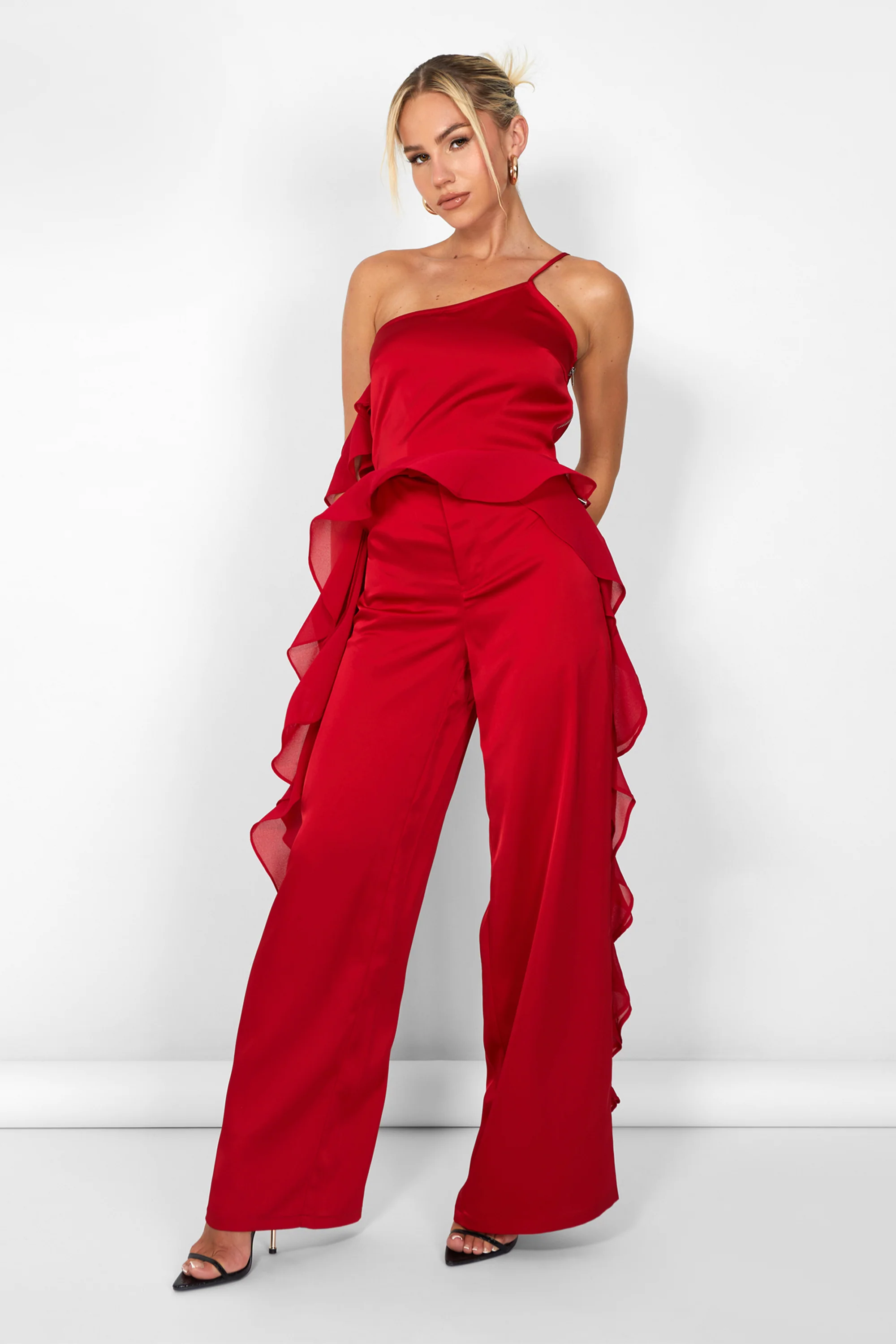 Kaiia Chiffon Ruffle Wide Leg Trouser in Red - Image 3