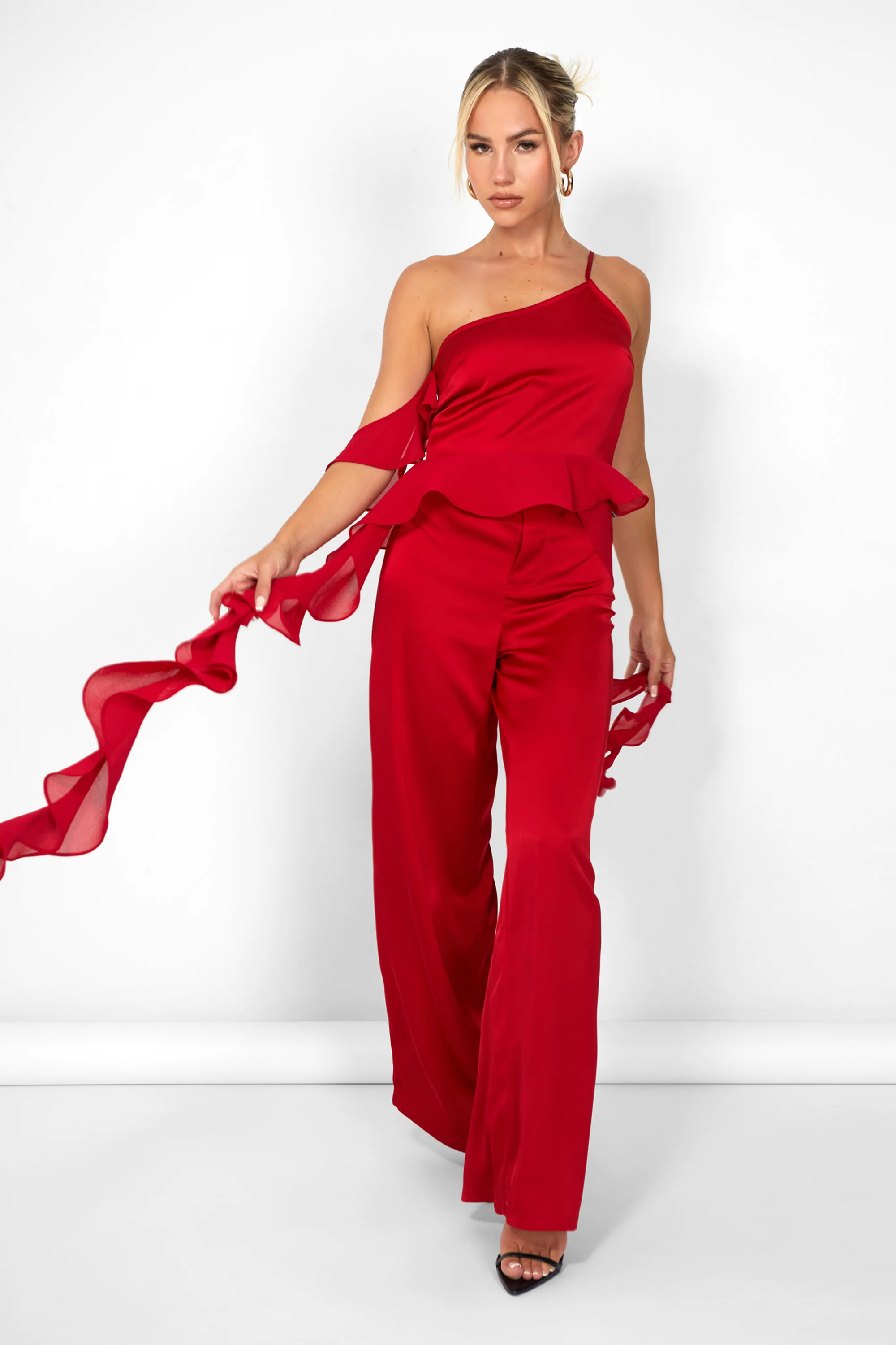 Kaiia Chiffon Ruffle Wide Leg Trouser in Red - Image 5