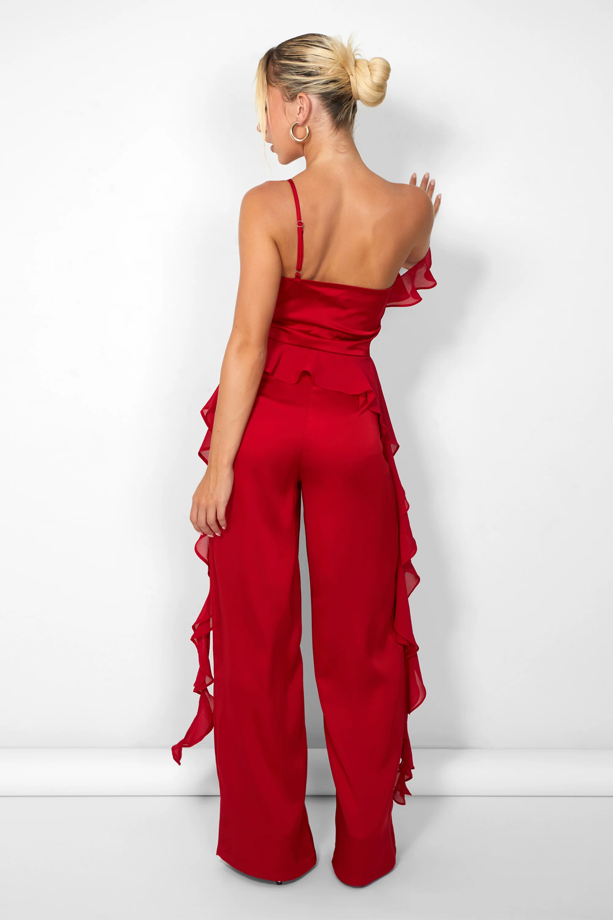 Kaiia Chiffon Ruffle Wide Leg Trouser in Red - Image 6