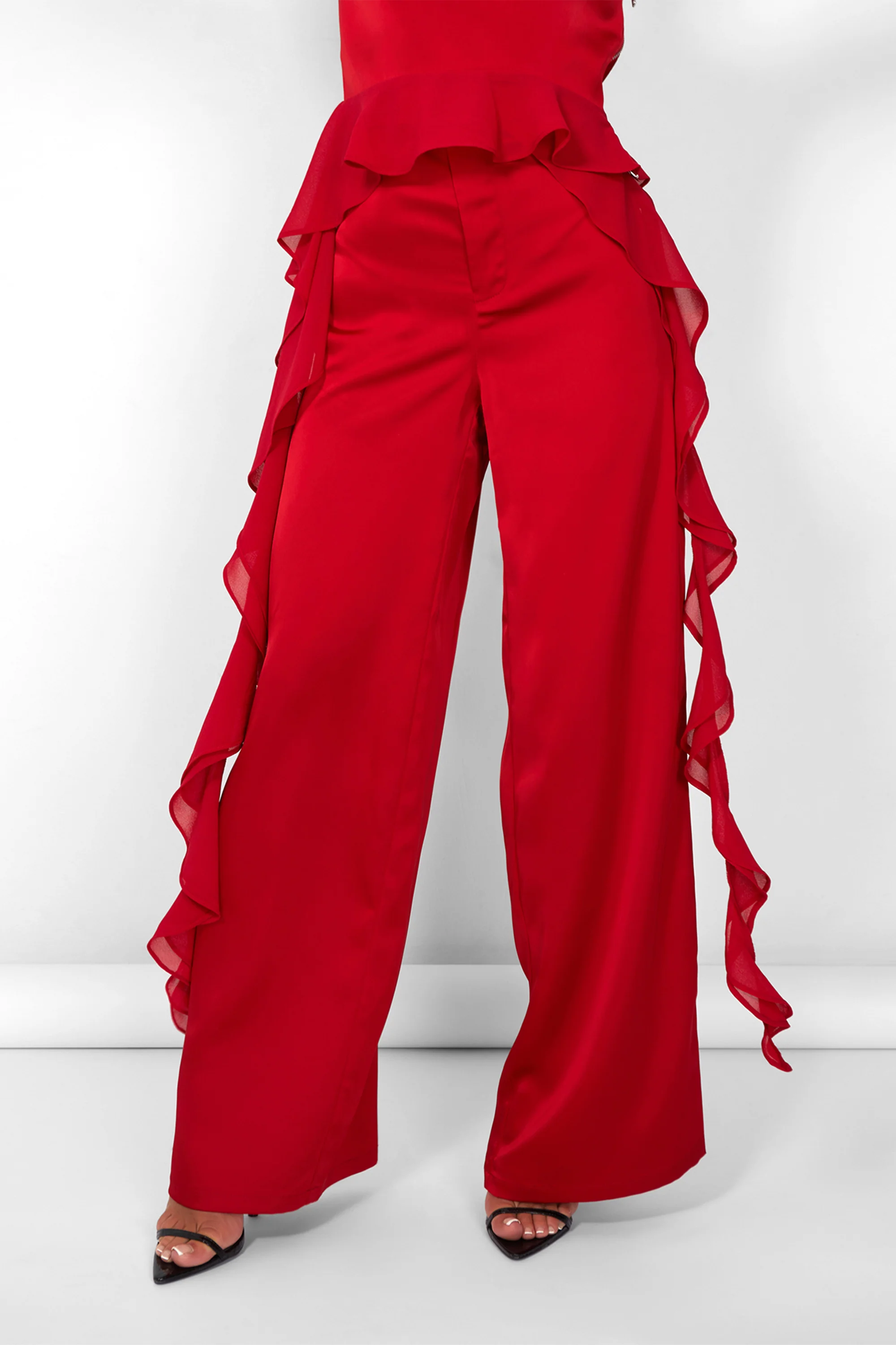 Kaiia Chiffon Ruffle Wide Leg Trouser in Red - Image 7