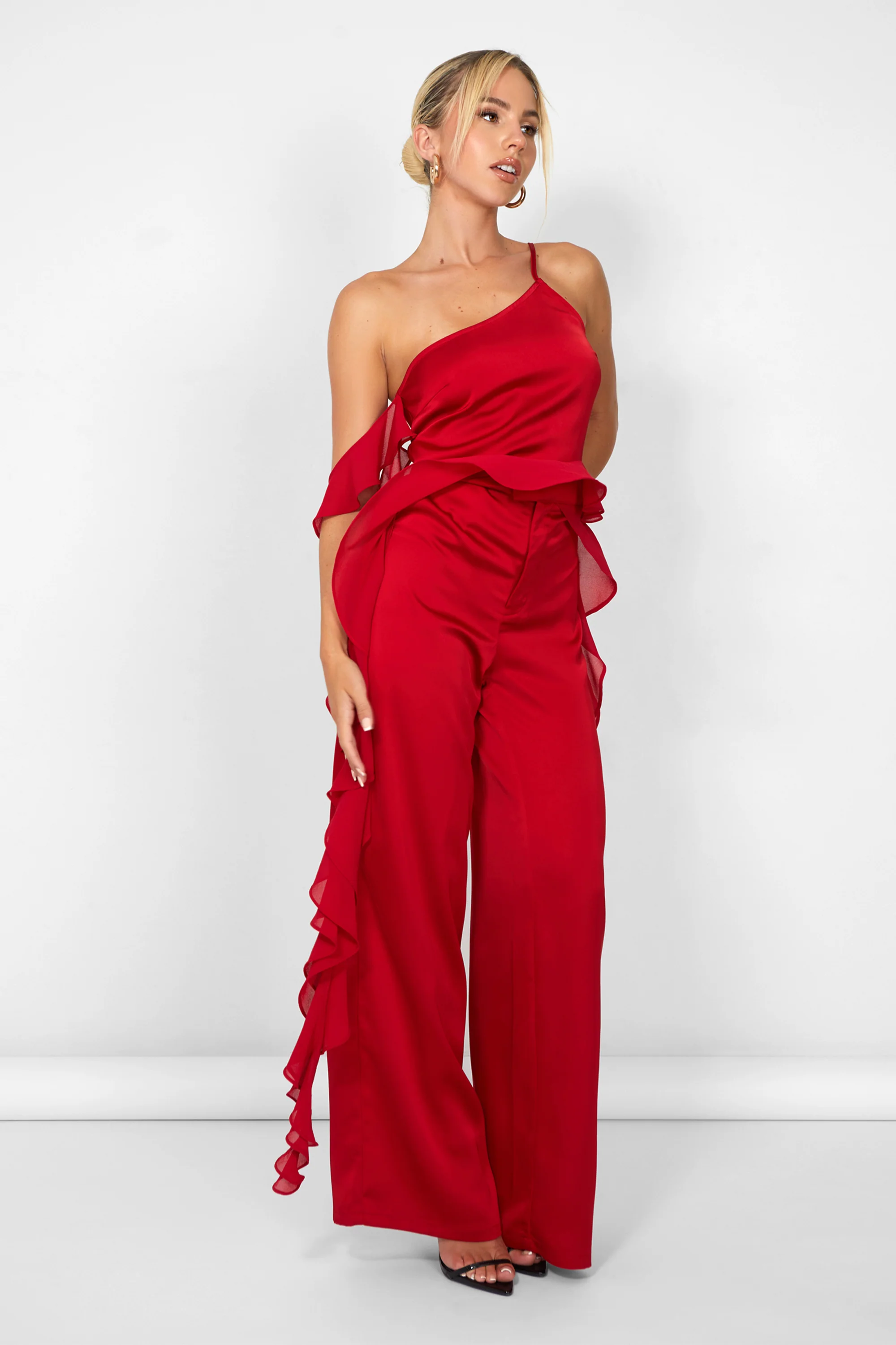 Kaiia Chiffon Ruffle Wide Leg Trouser in Red - Image 8