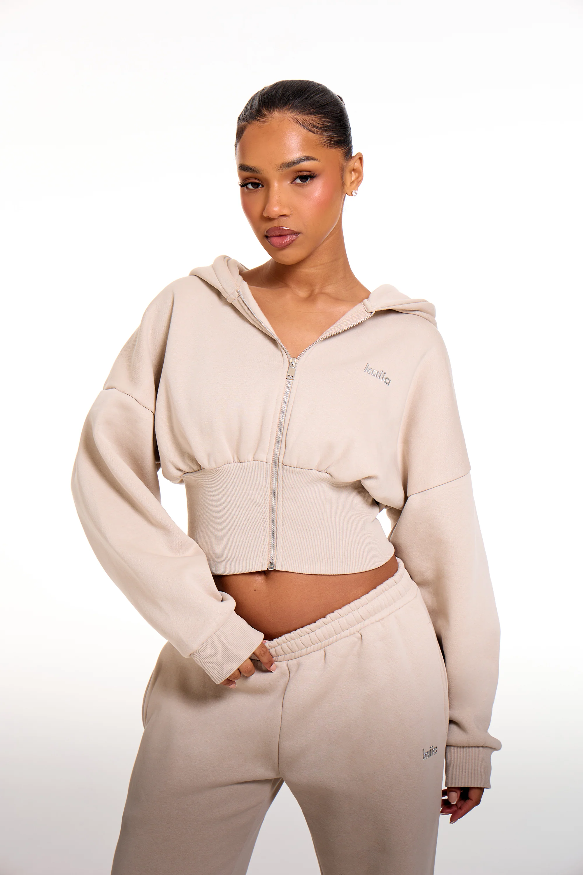 Kaiia Chrome Logo Corset Zip Through Hoodie Ash Taupe