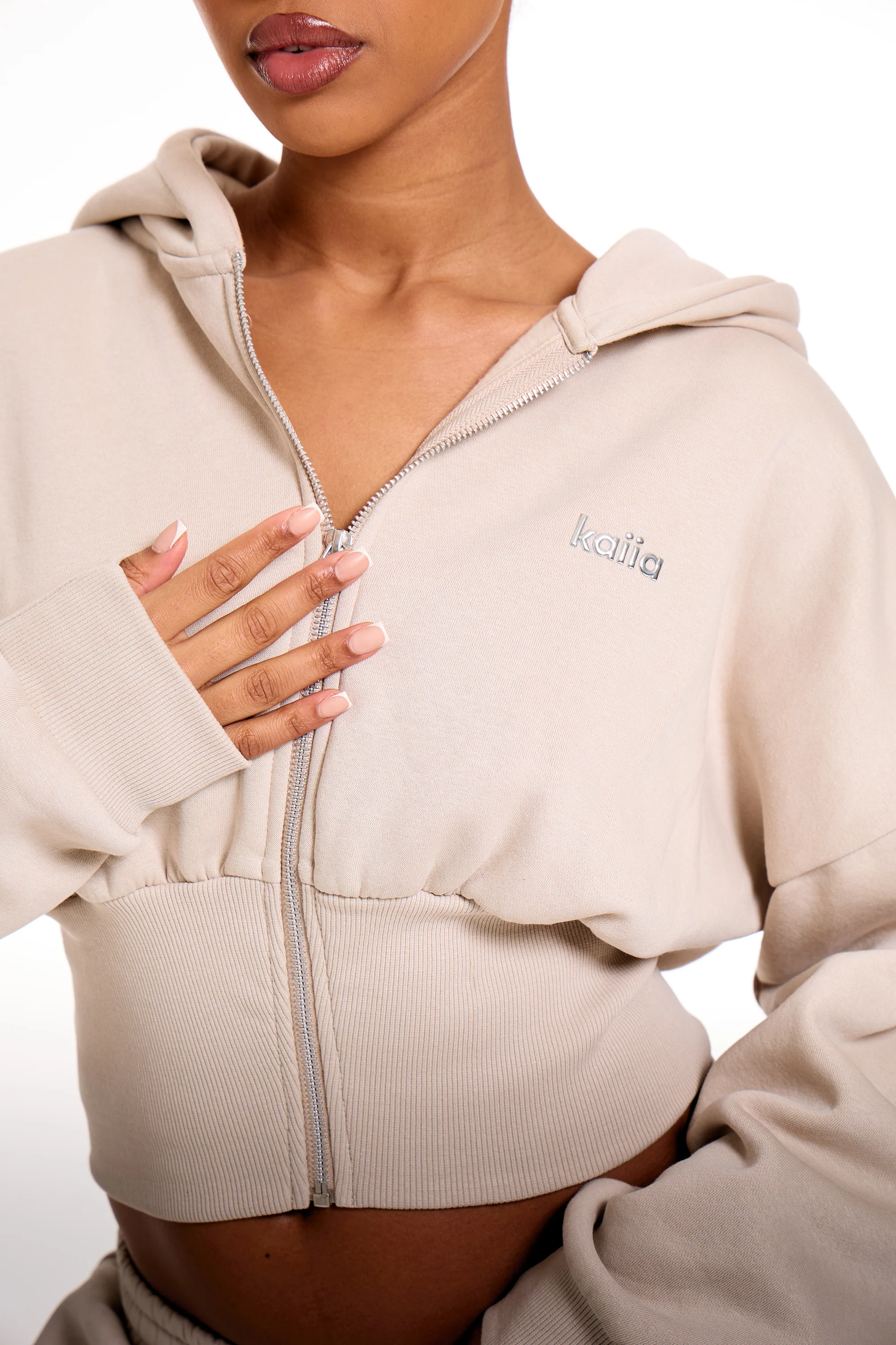 Kaiia Chrome Logo Corset Zip Through Hoodie Ash Taupe - Image 2