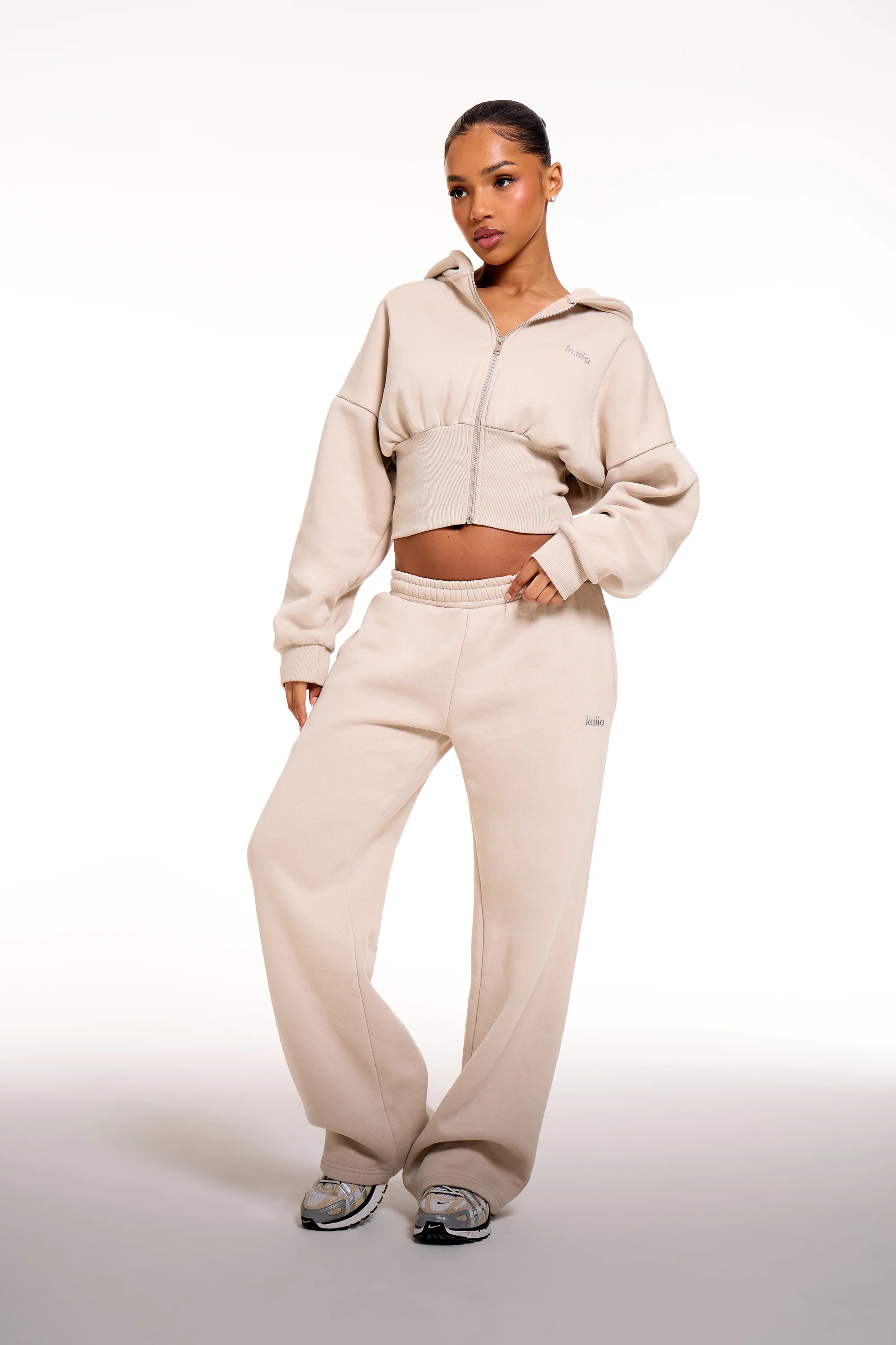 Kaiia Chrome Logo Corset Zip Through Hoodie Ash Taupe - Image 3